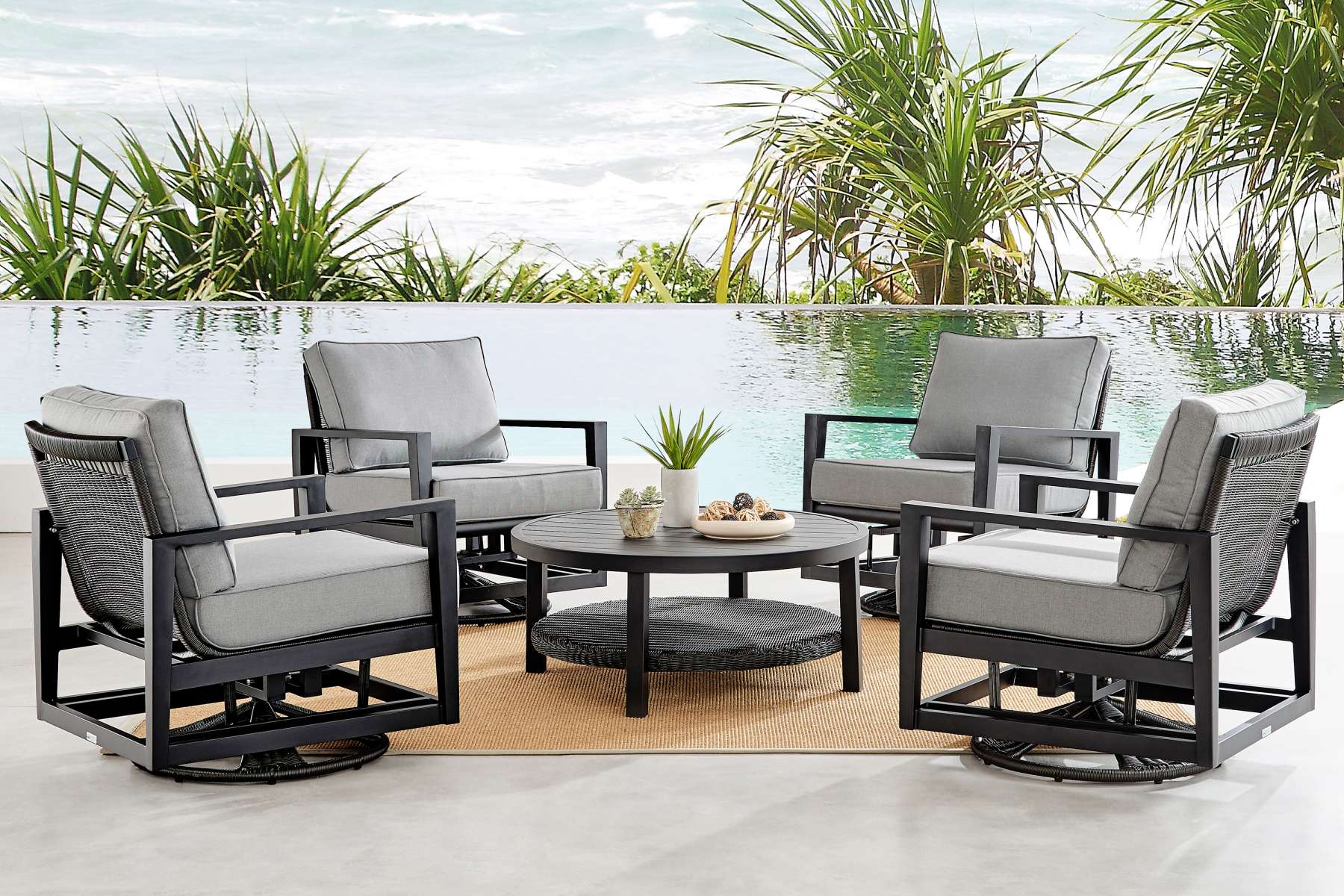 Black Aluminum Outdoor Round Conversation Table with Wicker Shelf - Cayman Collection By Armen Living - Image 2