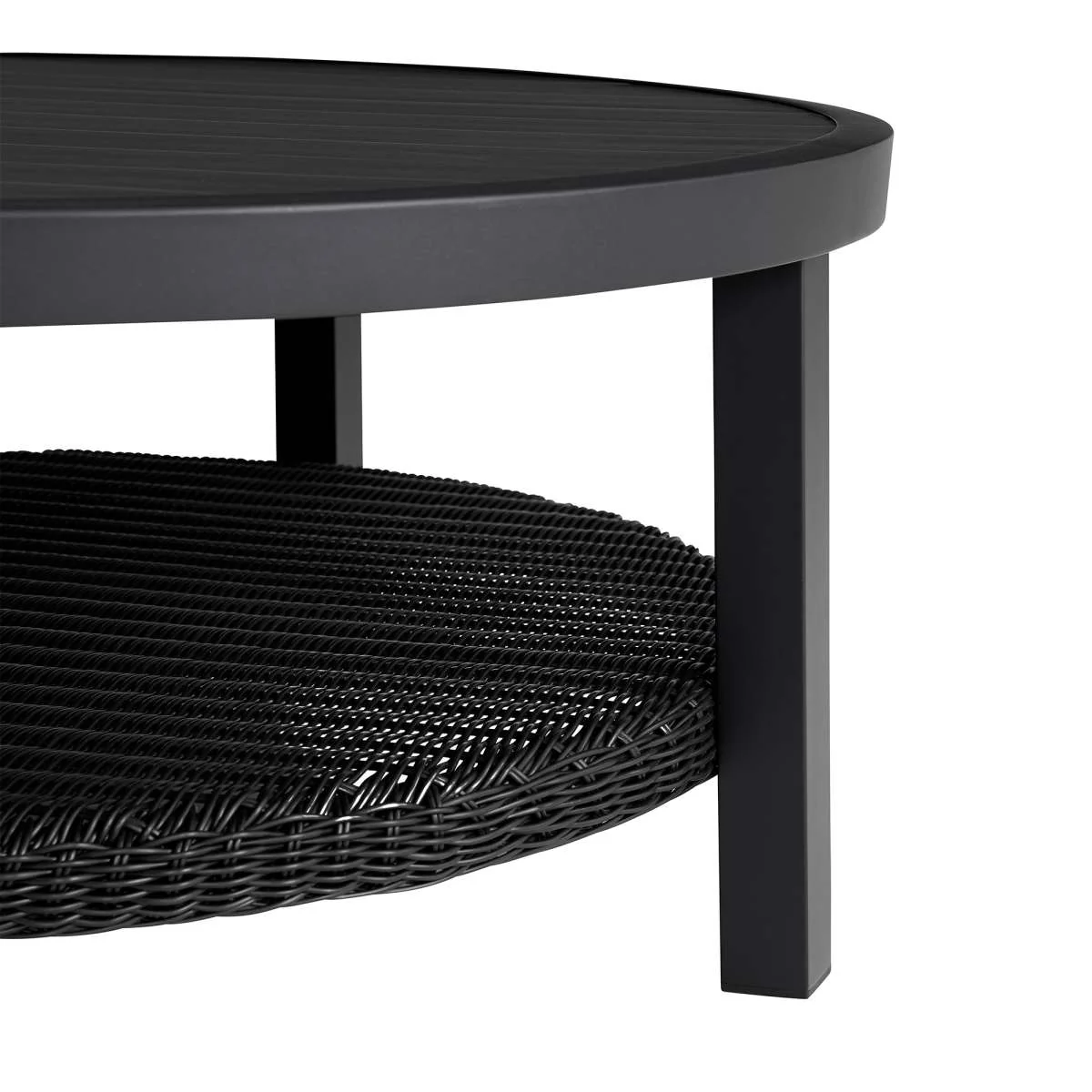 Black Aluminum Outdoor Round Conversation Table with Wicker Shelf - Cayman Collection By Armen Living - Image 4