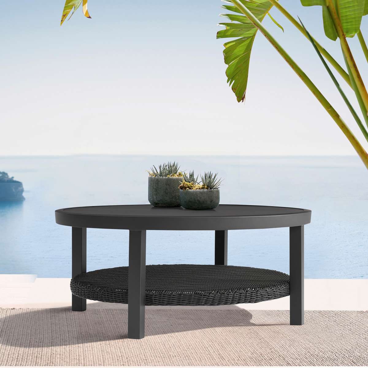 Black Aluminum Outdoor Round Conversation Table with Wicker Shelf - Cayman Collection By Armen Living - Image 7