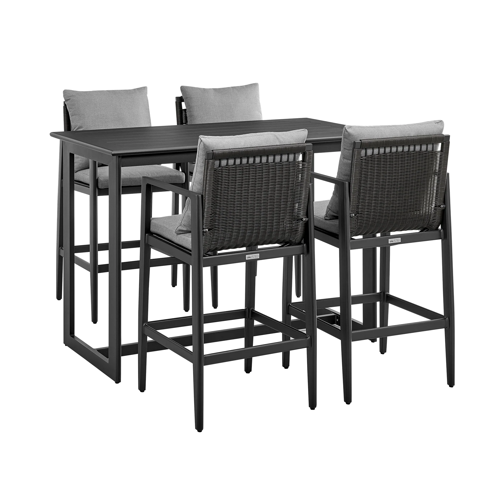 Cayman Outdoor Patio 5-Piece Bar Table Set in Aluminum with Gray Cushions By Armen Living - Image 2
