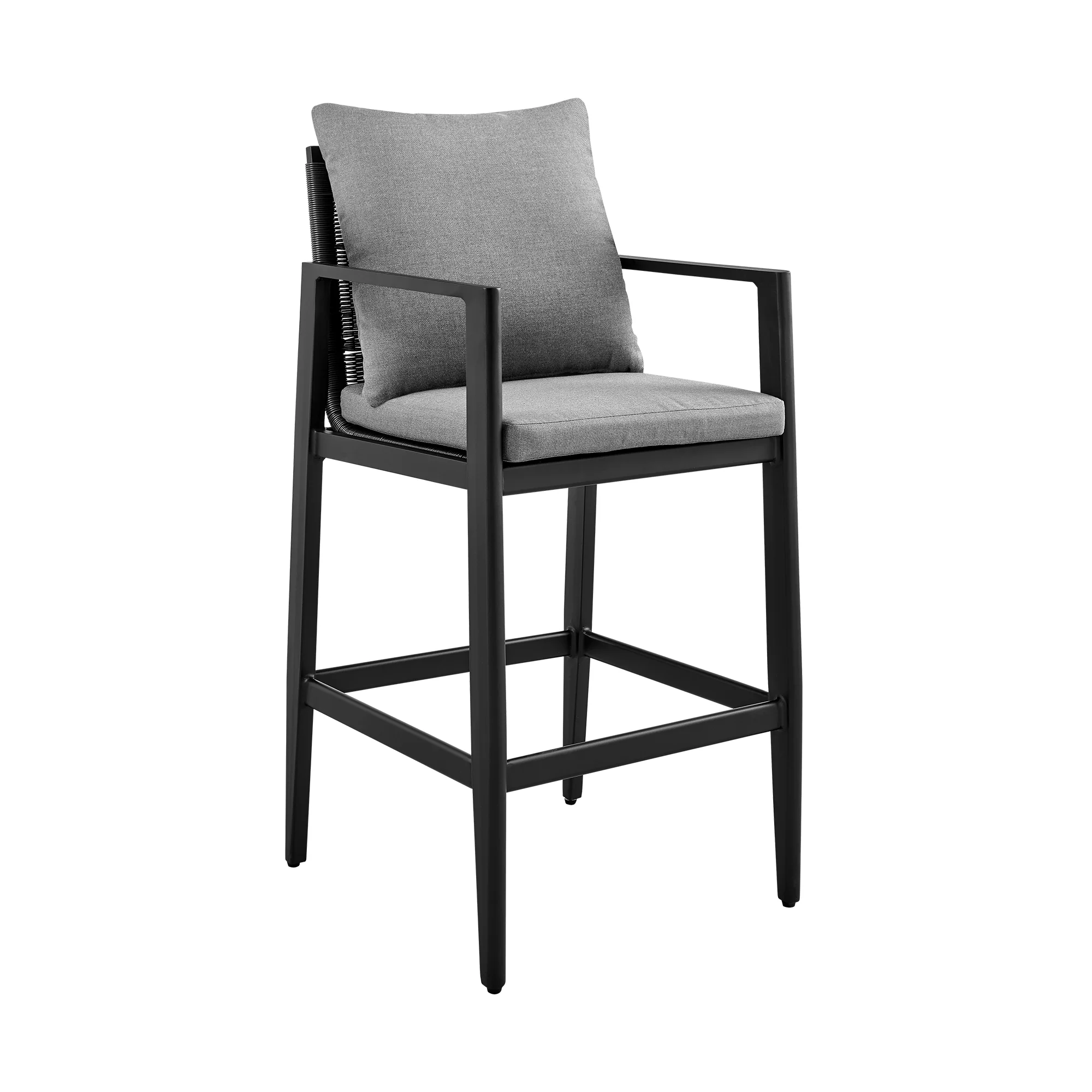 Cayman Outdoor Patio 5-Piece Bar Table Set in Aluminum with Gray Cushions By Armen Living - Image 3