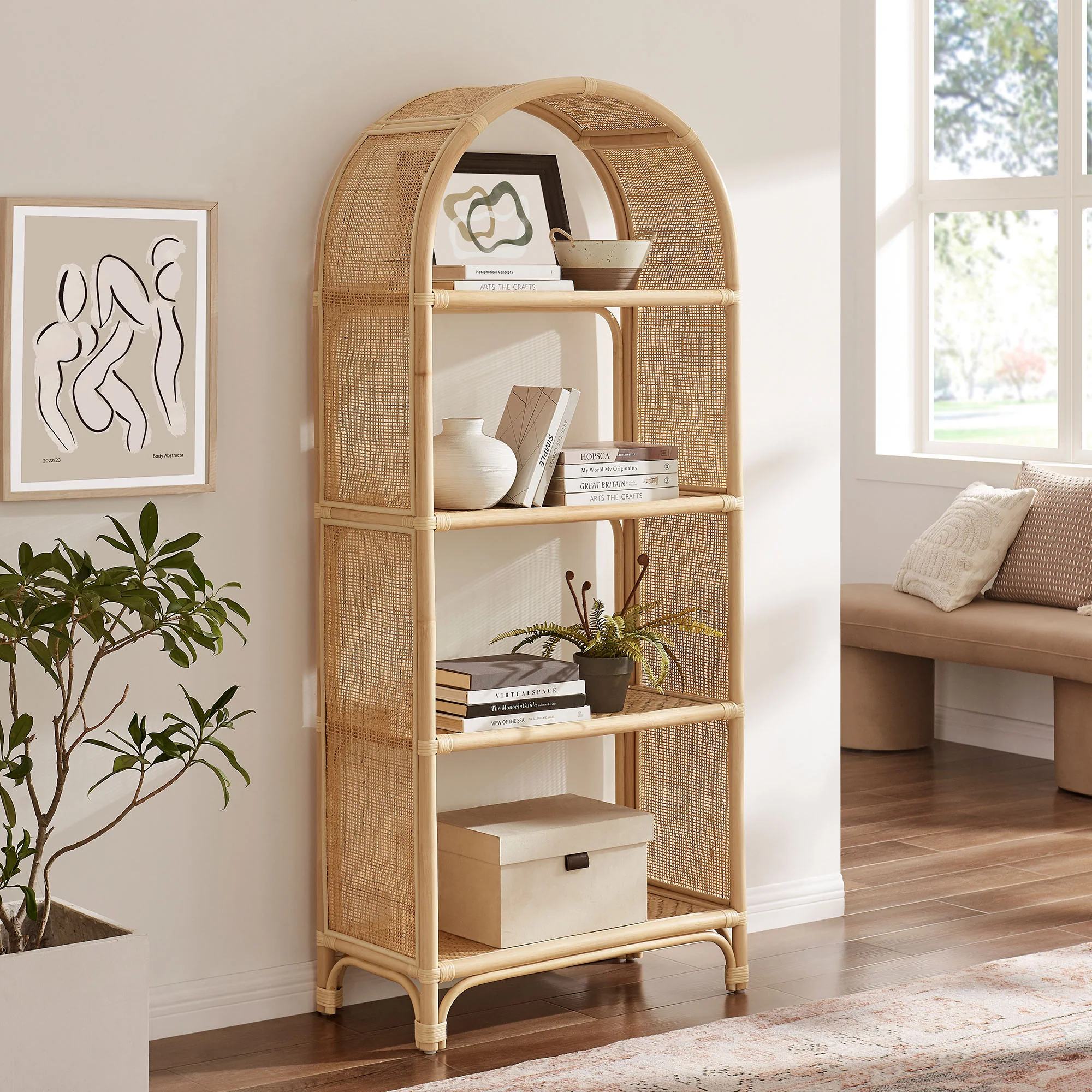 Celeste 67 Inch Tall Arched Natural Rattan Bookshelf by Modway - Image 16
