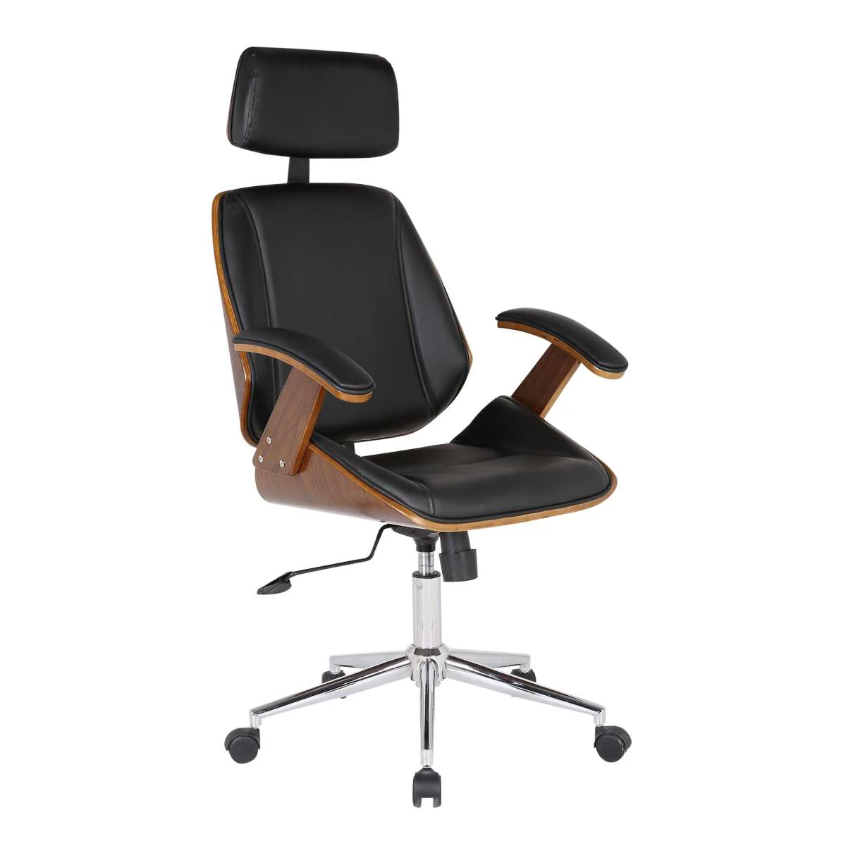 Century Office Chair with Multifunctional Mechanism in Chrome finish with Black Faux Leather and Walnut Veneer Back By Armen Living - Image 2