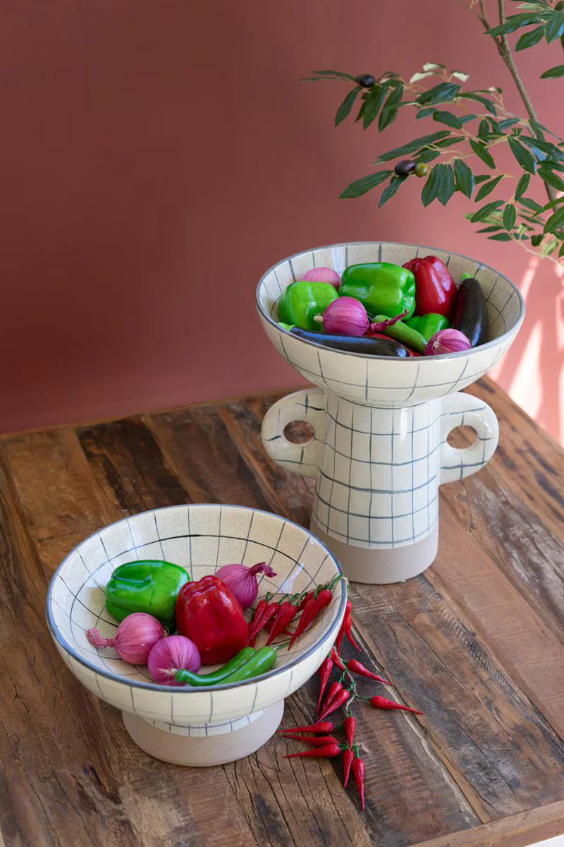 Ceramic Grid Design Compote With Handles By Kalalou - Image 2