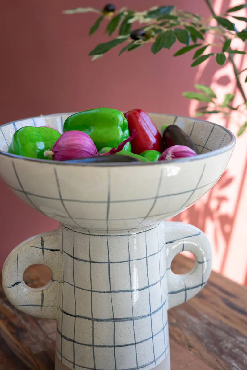 Ceramic Grid Design Compote With Handles By Kalalou - Image 3