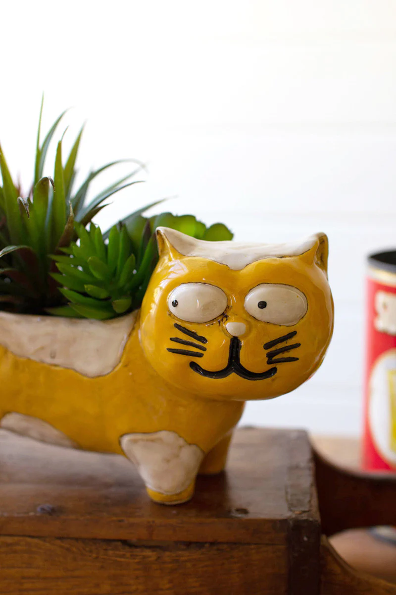 Ceramic Yellow And White Cat Planter (Min 2) By Kalalou - Image 2