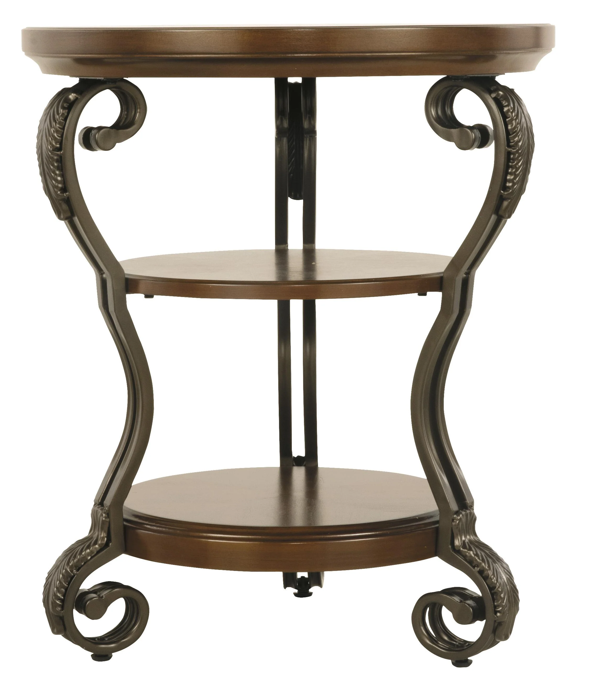 Chair Side End Table With 2 Open Shelves And Scrolled Metal Base, Brown By Benzara - Image 2