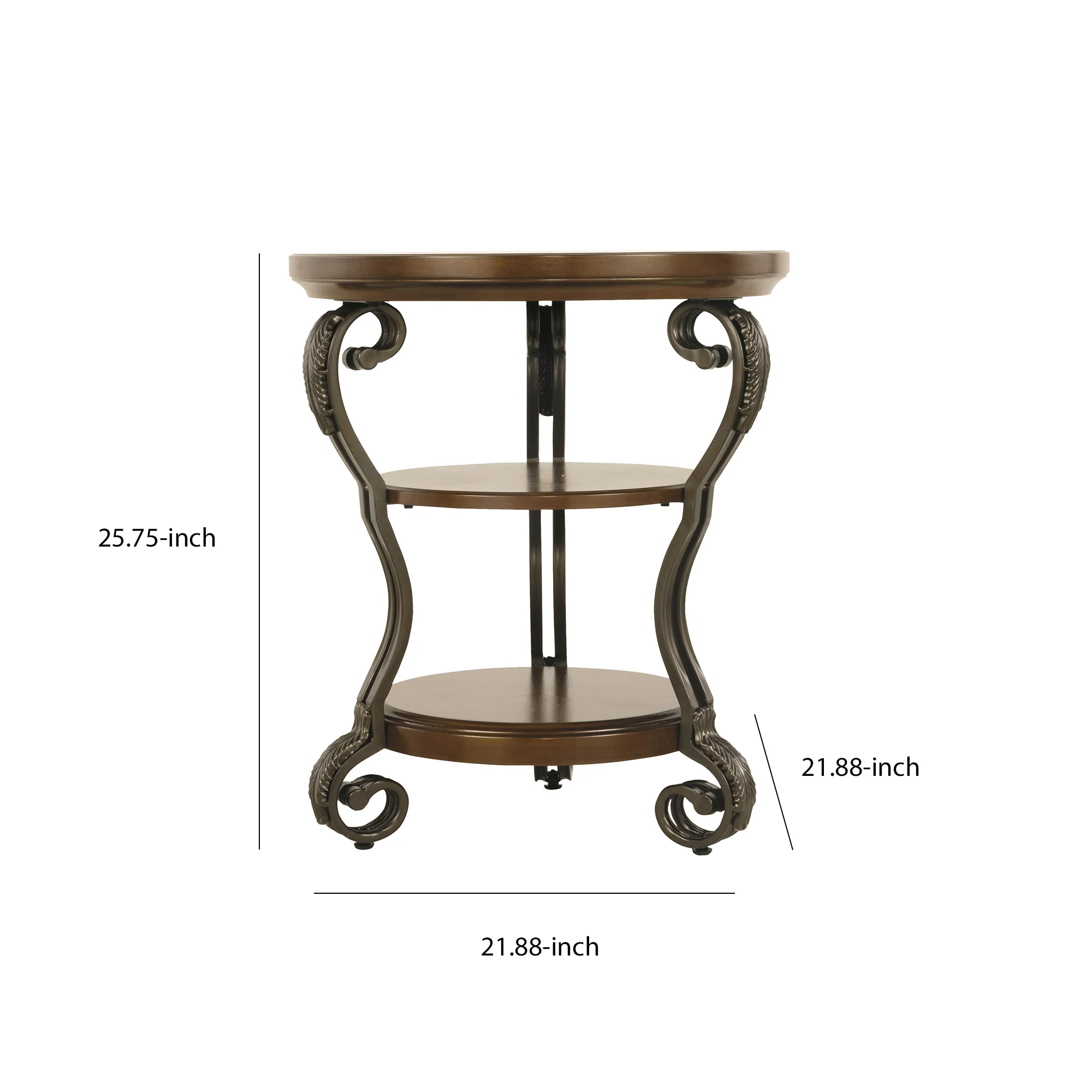 Chair Side End Table With 2 Open Shelves And Scrolled Metal Base, Brown By Benzara - Image 5
