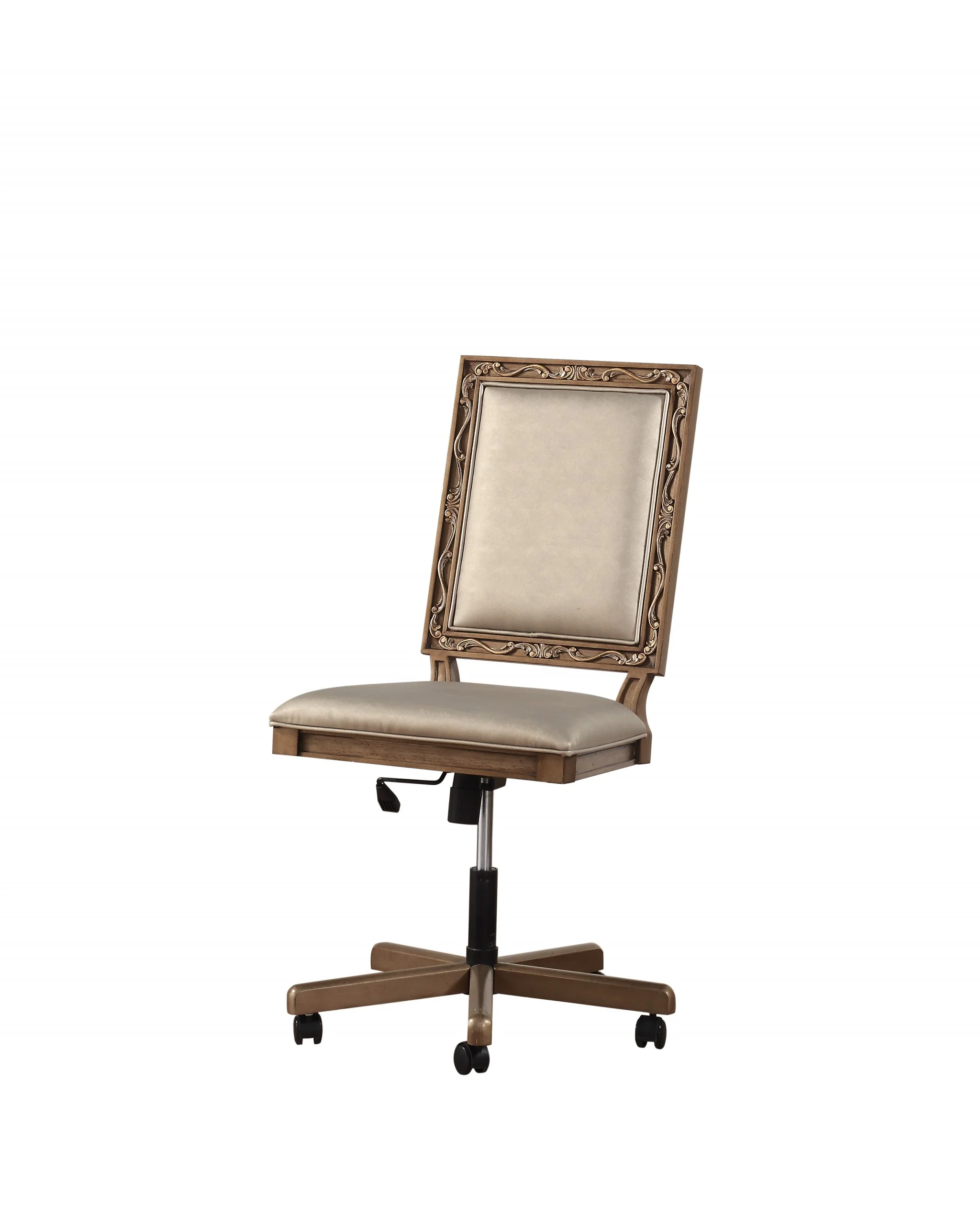 Champagne Fau Leather Upholstered (Seat) and Antique Gold Wood Eecutive Office Chair By Homeroots - Image 2