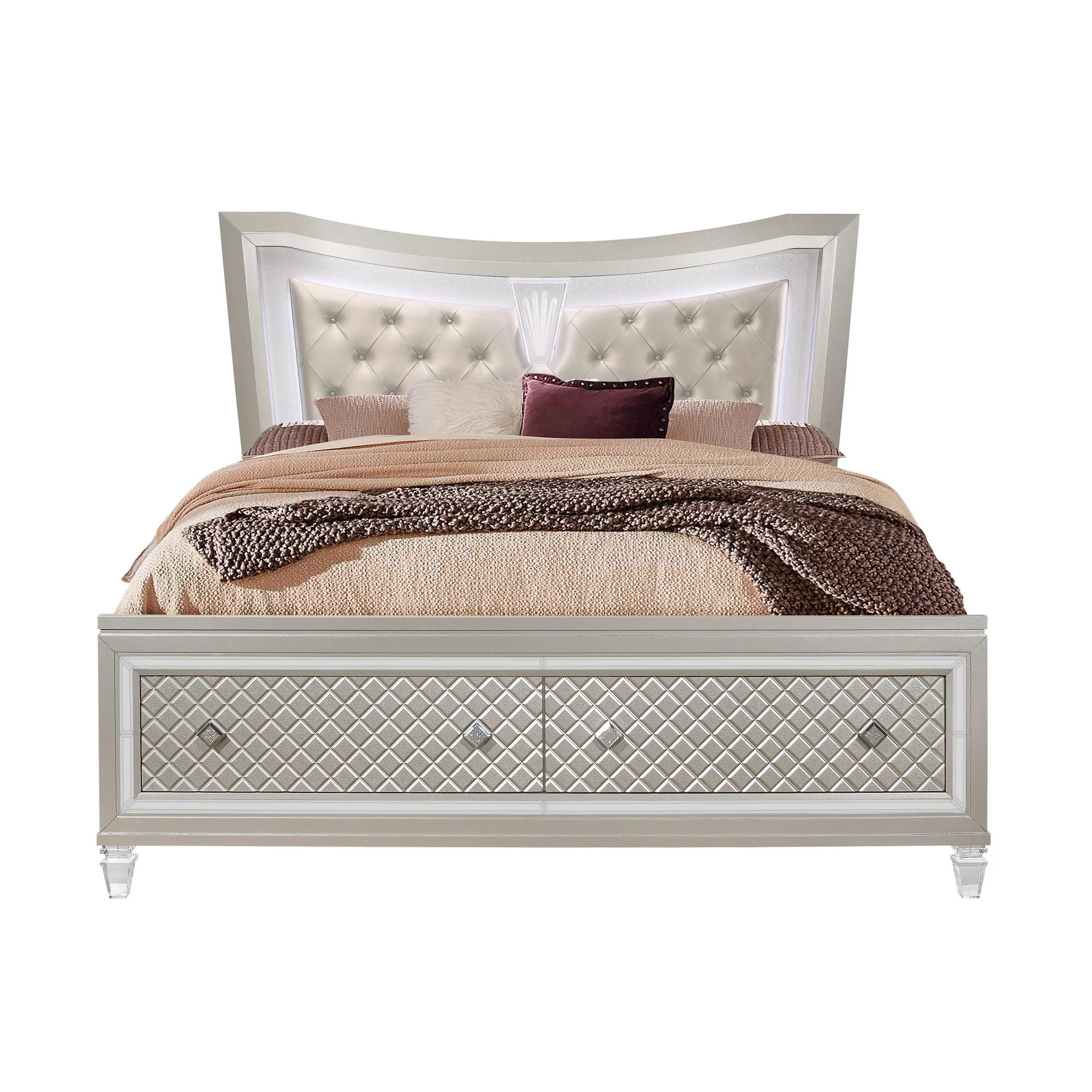 Champagne Tone Queen Bed With Padded Headboard Led Lightning 2 Drawer By Homeroots - Image 2