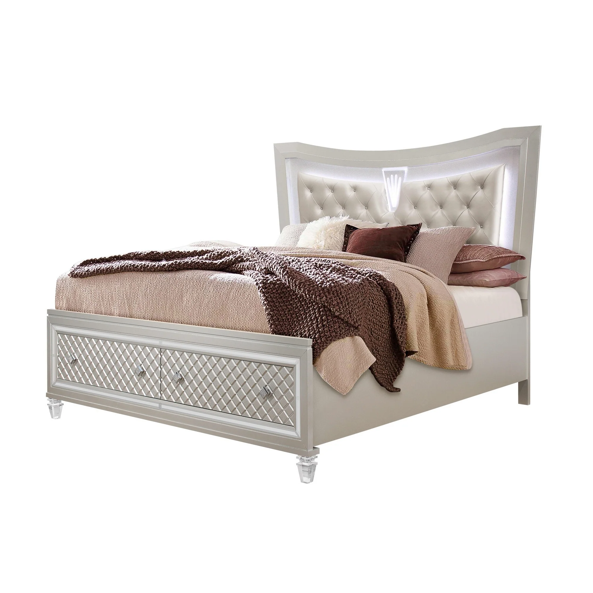 Champagne Tone Queen Bed With Padded Headboard Led Lightning 2 Drawer By Homeroots - Image 3