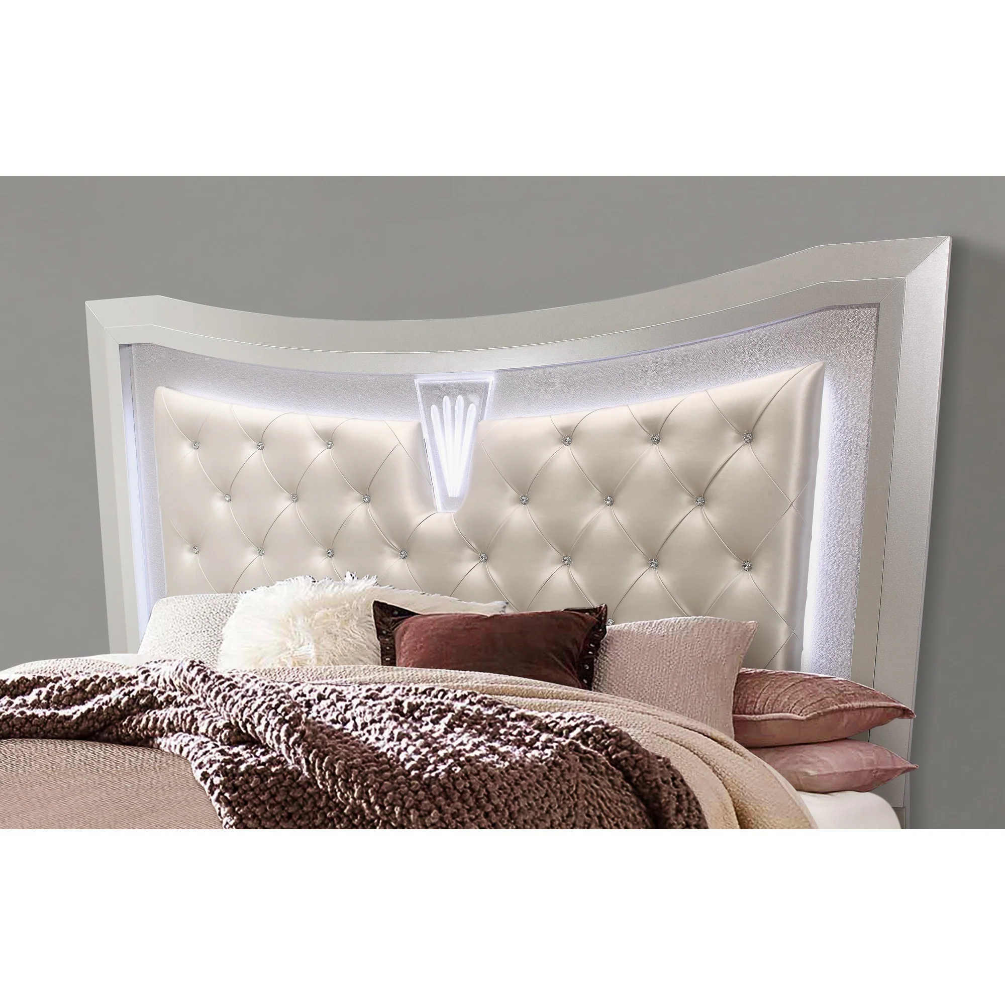 Champagne Tone Queen Bed With Padded Headboard Led Lightning 2 Drawer By Homeroots - Image 4