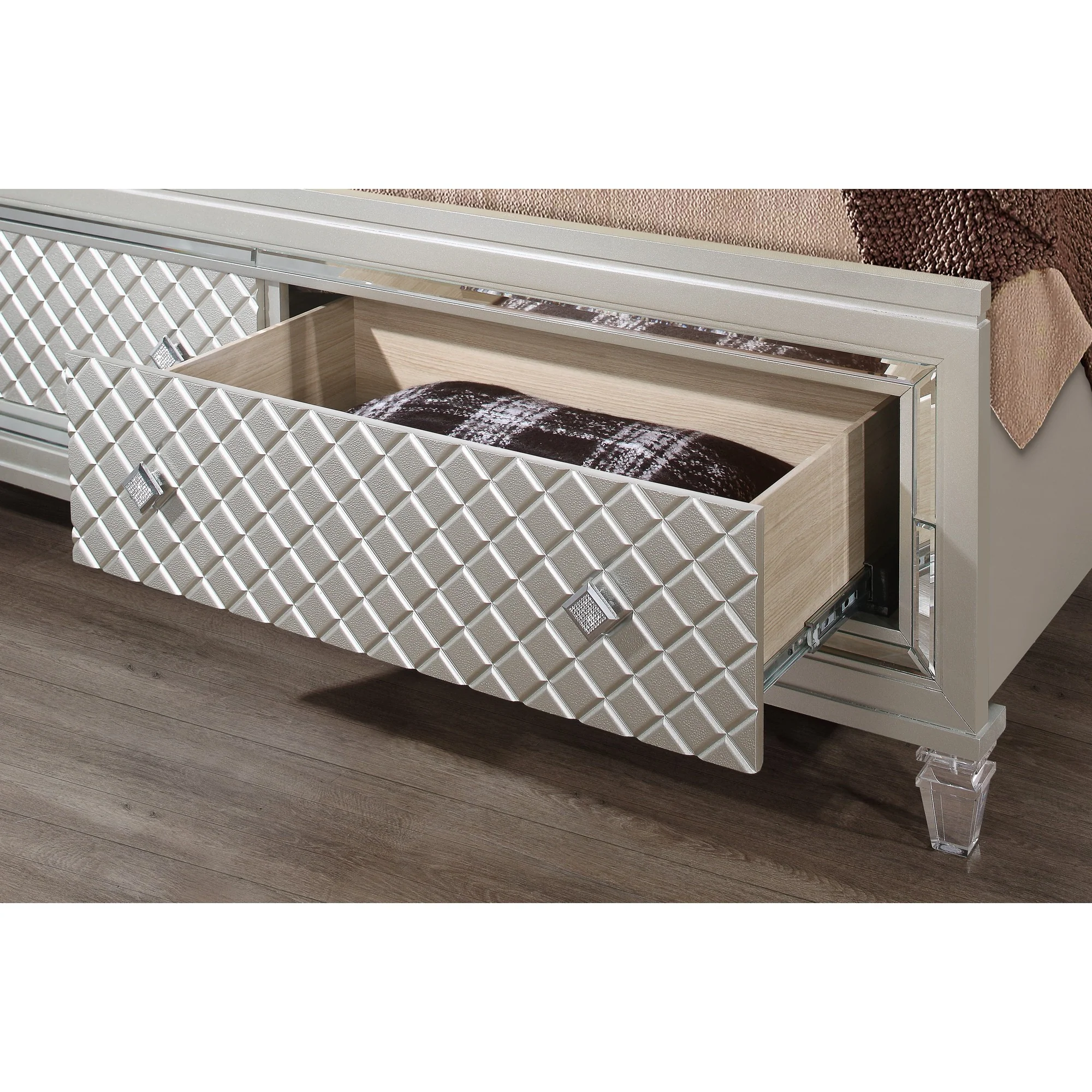 Champagne Tone Queen Bed With Padded Headboard Led Lightning 2 Drawer By Homeroots - Image 5