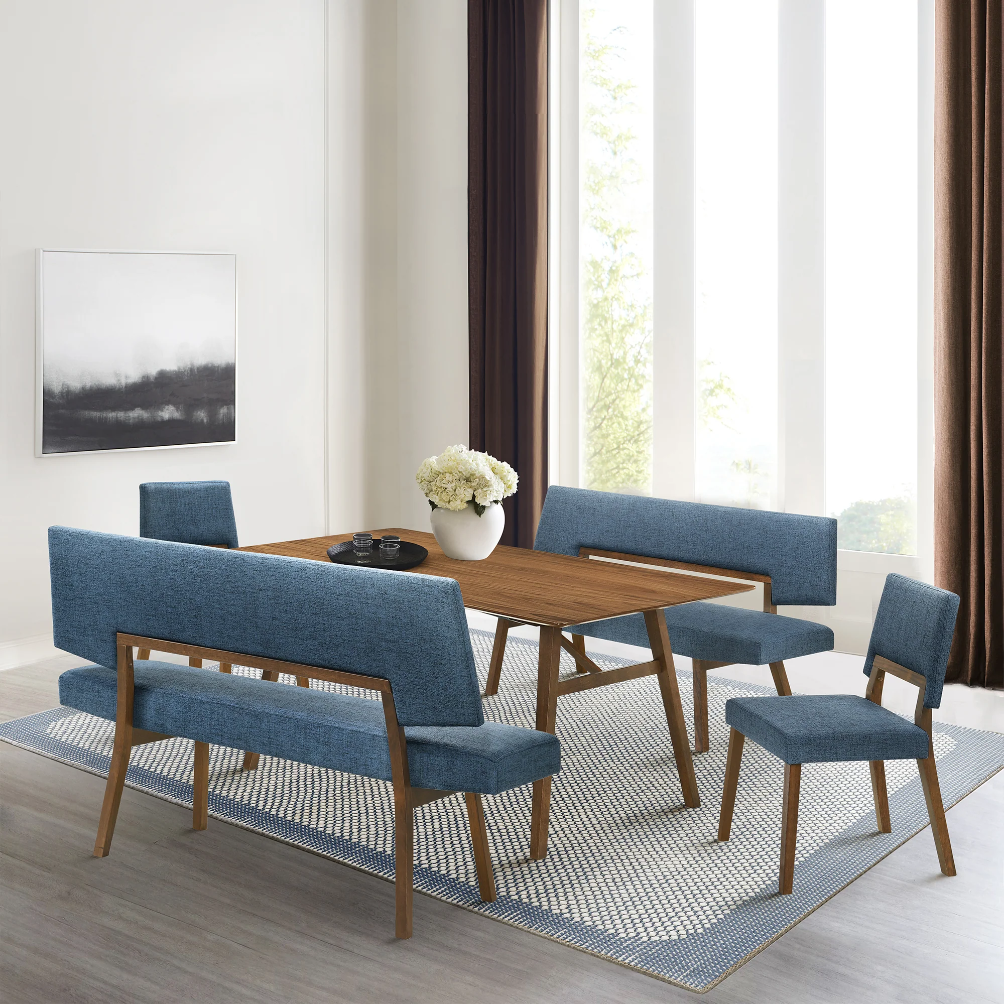 Channell 5 Piece Walnut Wood Dining Table Set with Benches in Blue Fabric By Armen Living - Image 2