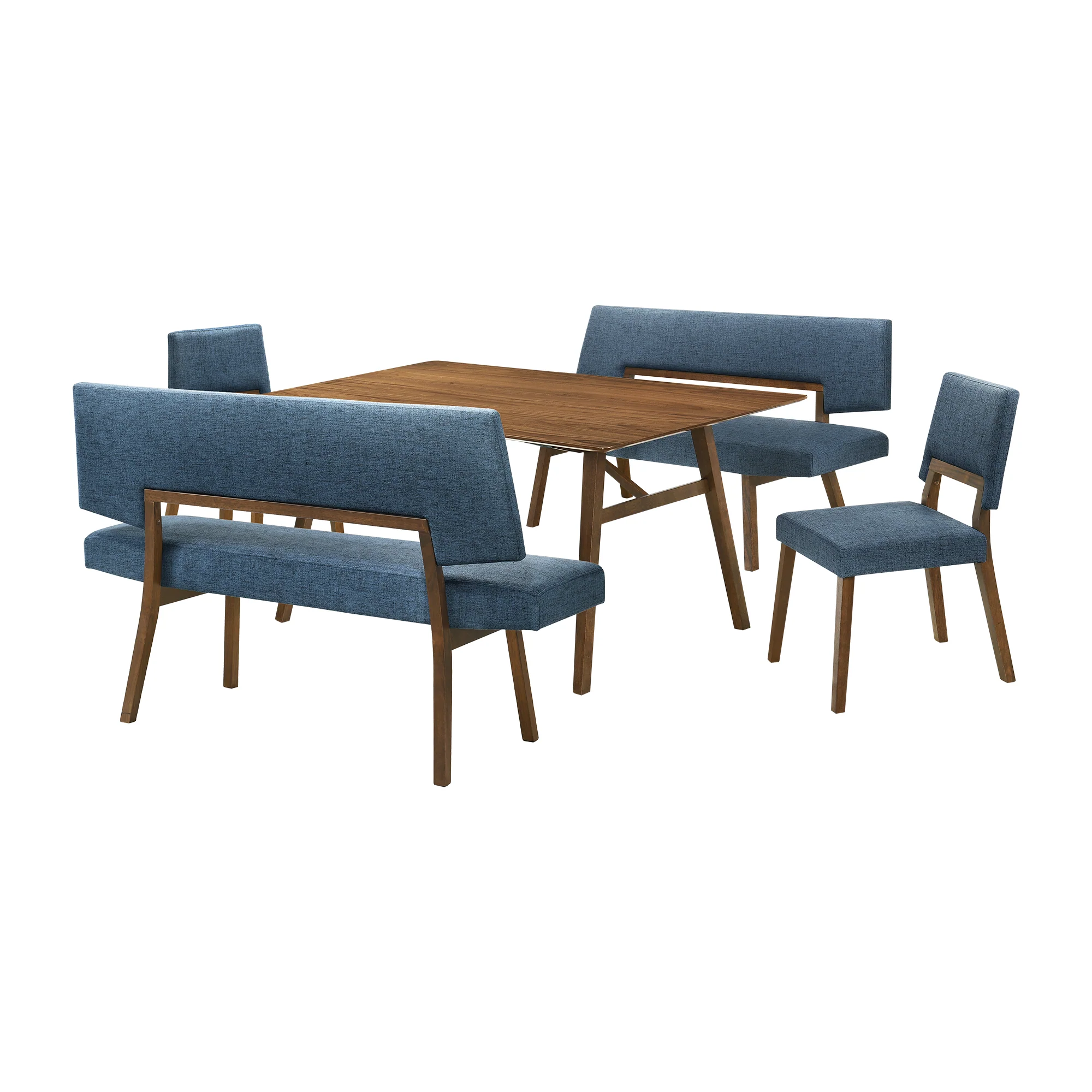 Channell 5 Piece Walnut Wood Dining Table Set with Benches in Blue Fabric By Armen Living - Image 3