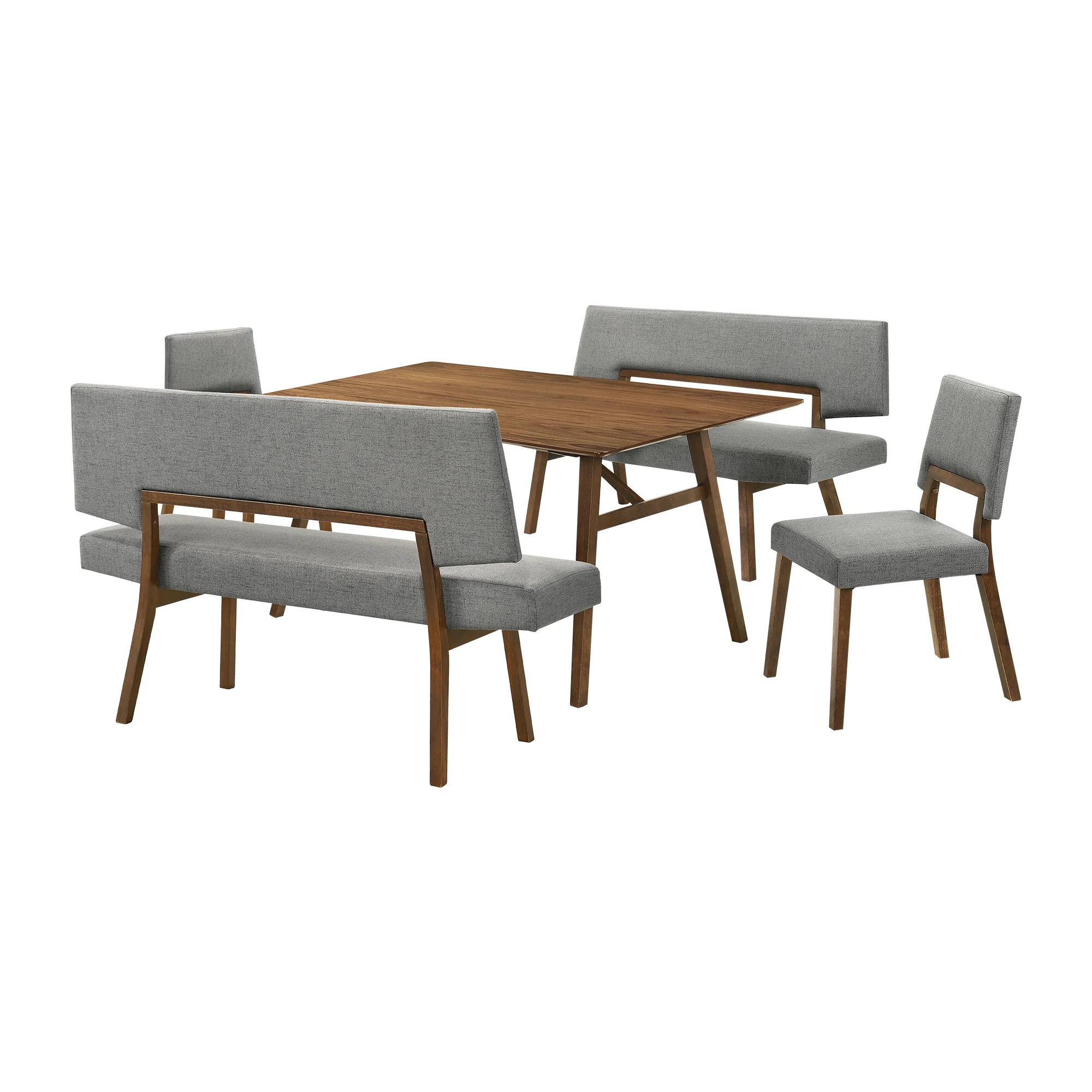 Channell 5 Piece Walnut Wood Dining Table Set with Benches in Charcoal Fabric By Armen Living - Image 2