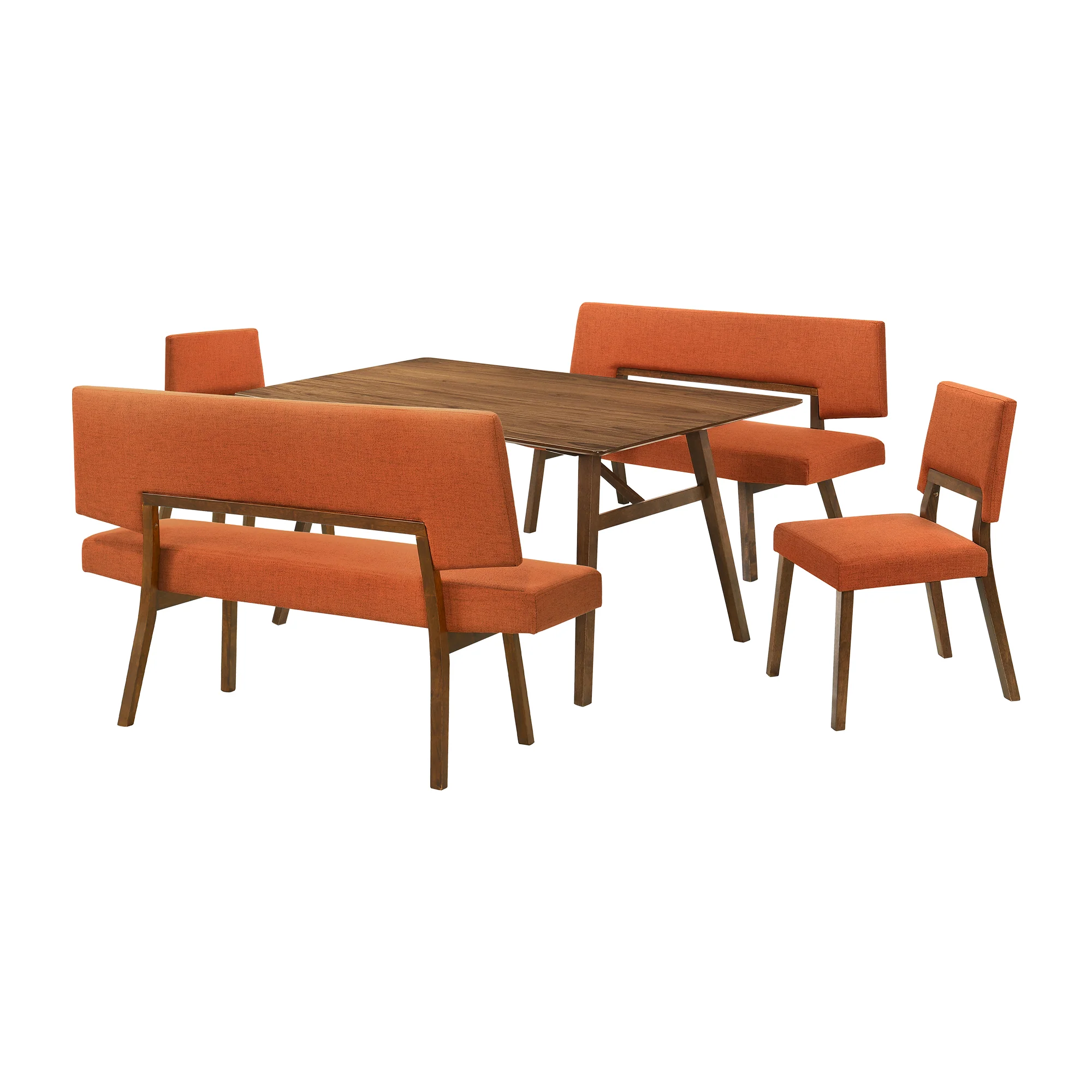 Channell 5 Piece Walnut Wood Dining Table Set with Benches in Orange Fabric By Armen Living - Image 2