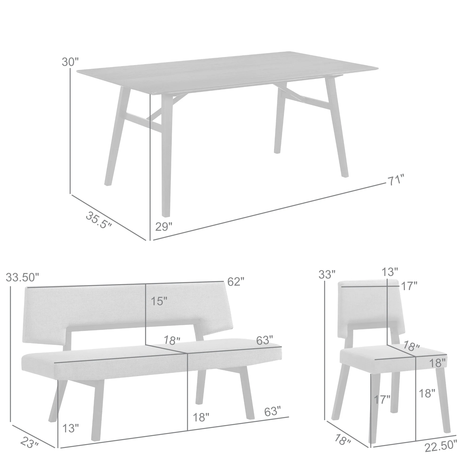 Channell 6 Piece Black Wood Dining Table Set with Bench in Charcoal Fabric By Armen Living - Image 10