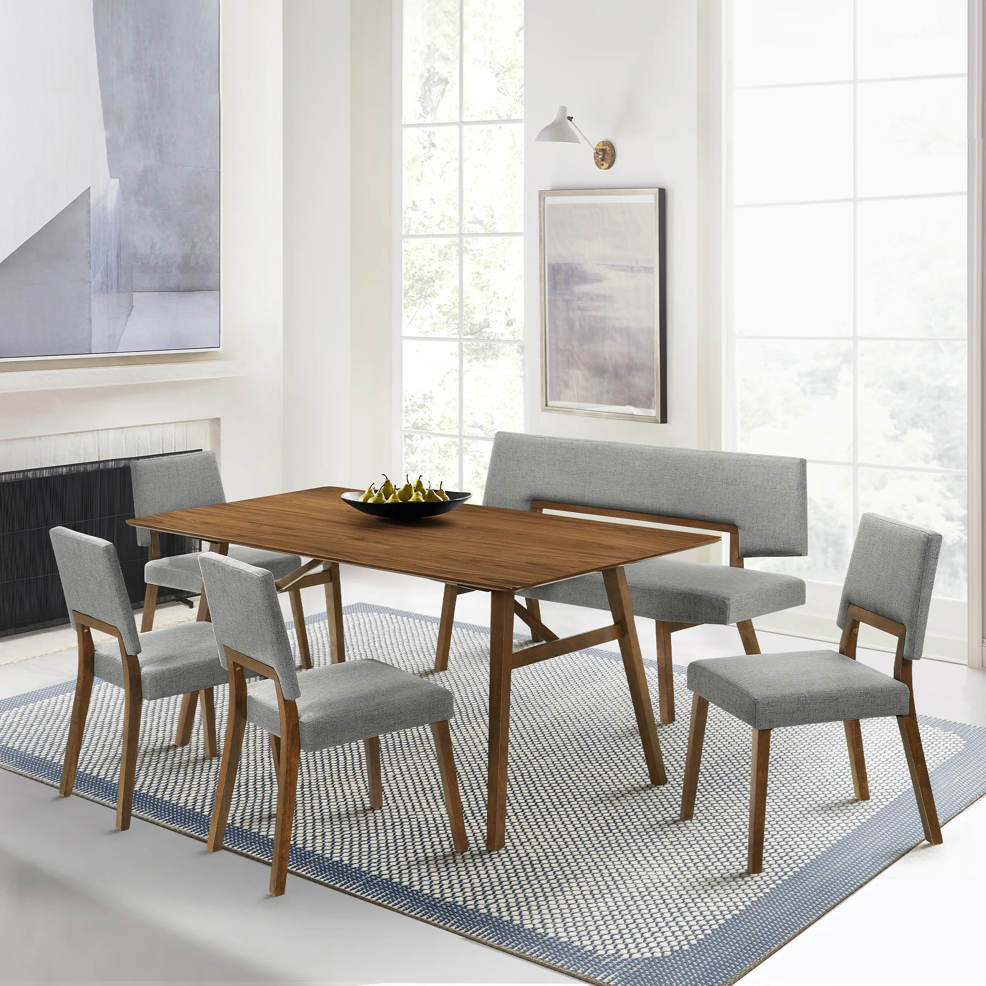 Channell 6 Piece Walnut Wood Dining Table Set with Bench in Blue Fabric By Armen Living - Image 12