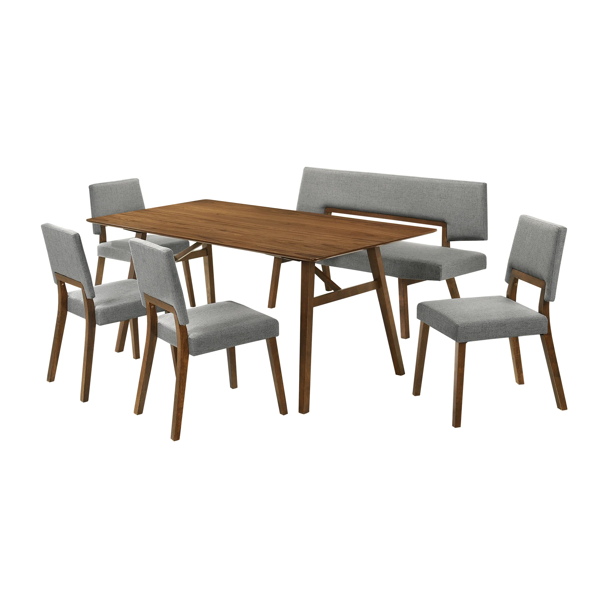 Channell 6 Piece Walnut Wood Dining Table Set with Bench in Blue Fabric By Armen Living - Image 13
