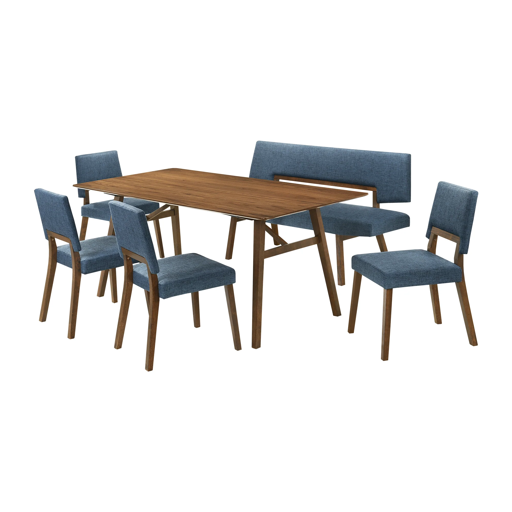 Channell 6 Piece Walnut Wood Dining Table Set with Bench in Blue Fabric By Armen Living - Image 2