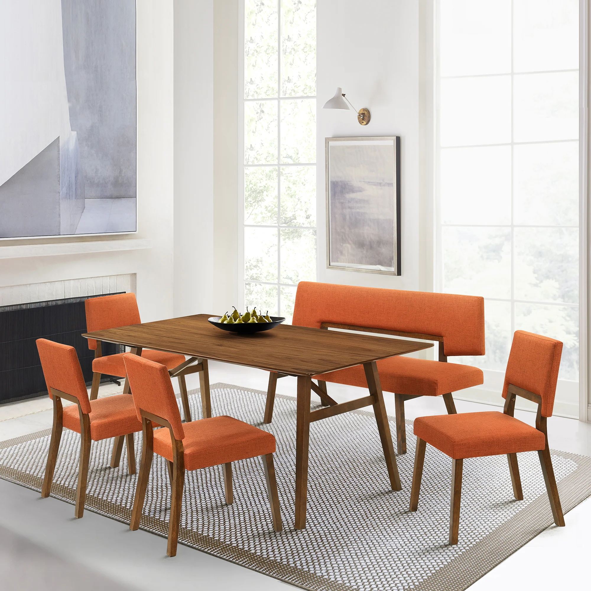 Channell 6 Piece Walnut Wood Dining Table Set with Bench in Blue Fabric By Armen Living - Image 23