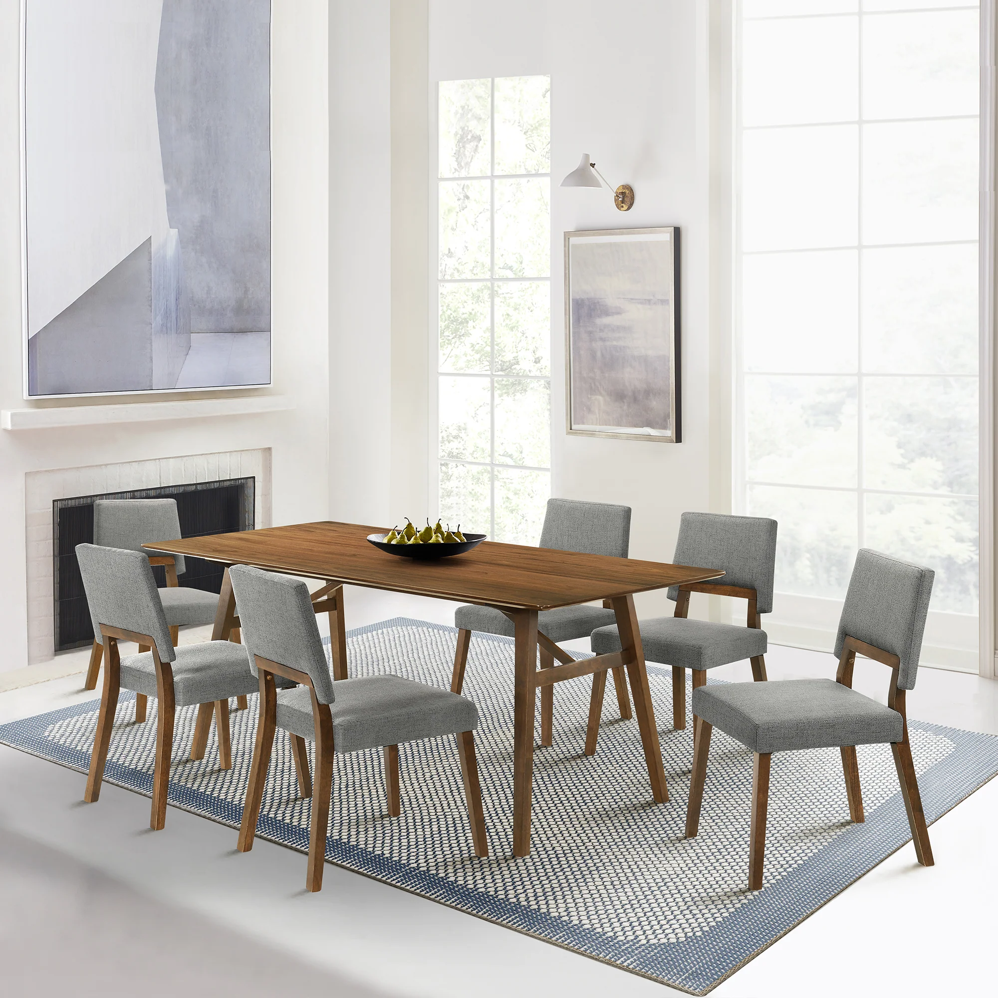 Channell 7 Piece Walnut Wood Dining Table Set with Blue Fabric By Armen Living - Image 12