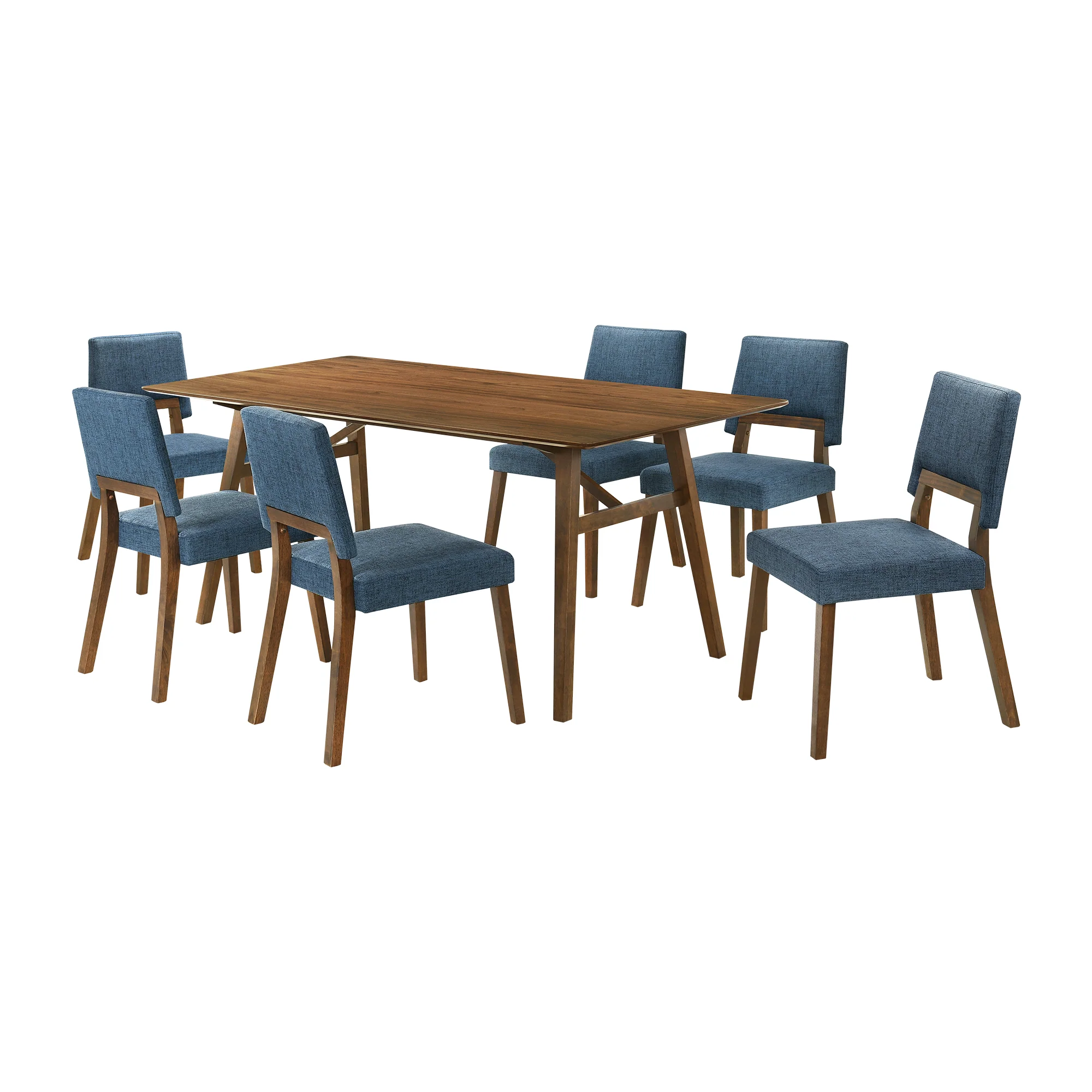 Channell 7 Piece Walnut Wood Dining Table Set with Blue Fabric By Armen Living - Image 2