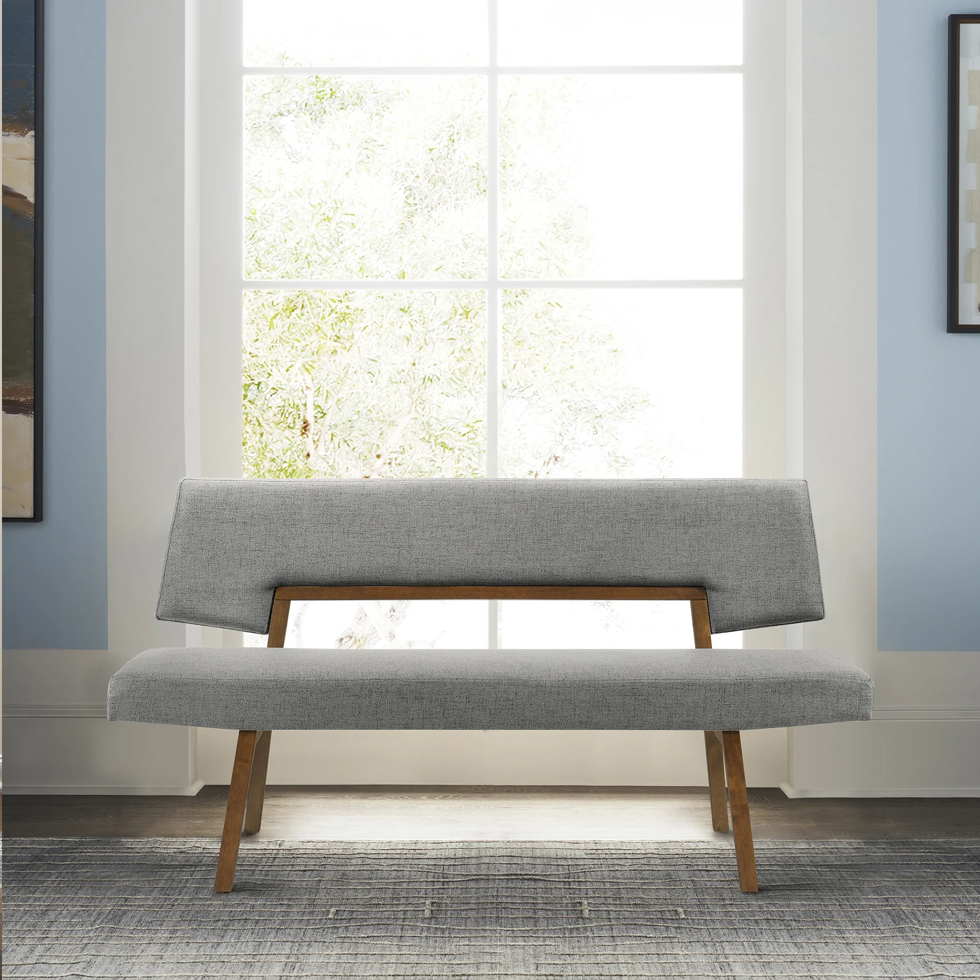 Channell Wood Dining Bench in Walnut Finish with Blue Fabric By Armen Living - Image 17