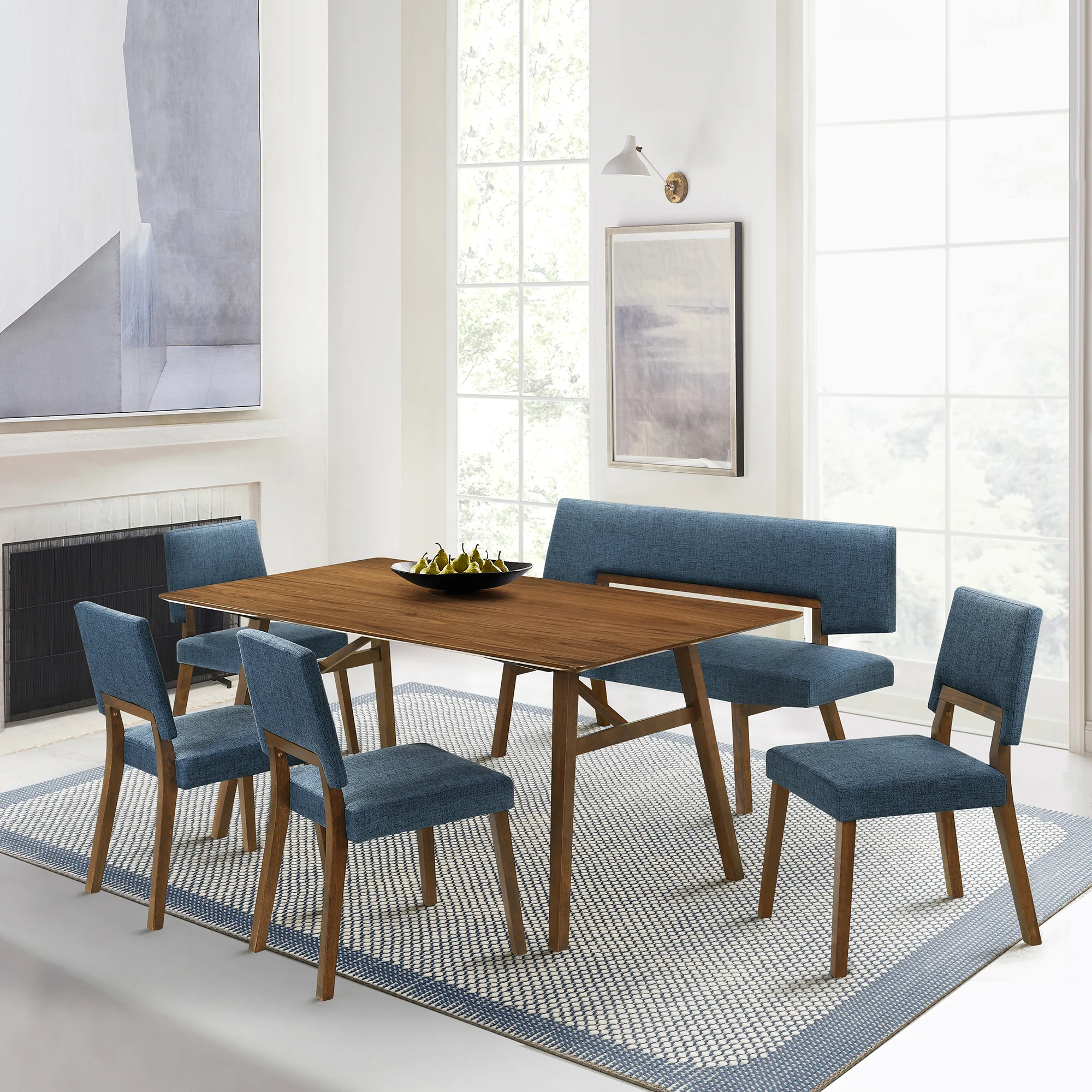 Channell Wood Dining Bench in Walnut Finish with Blue Fabric By Armen Living - Image 2