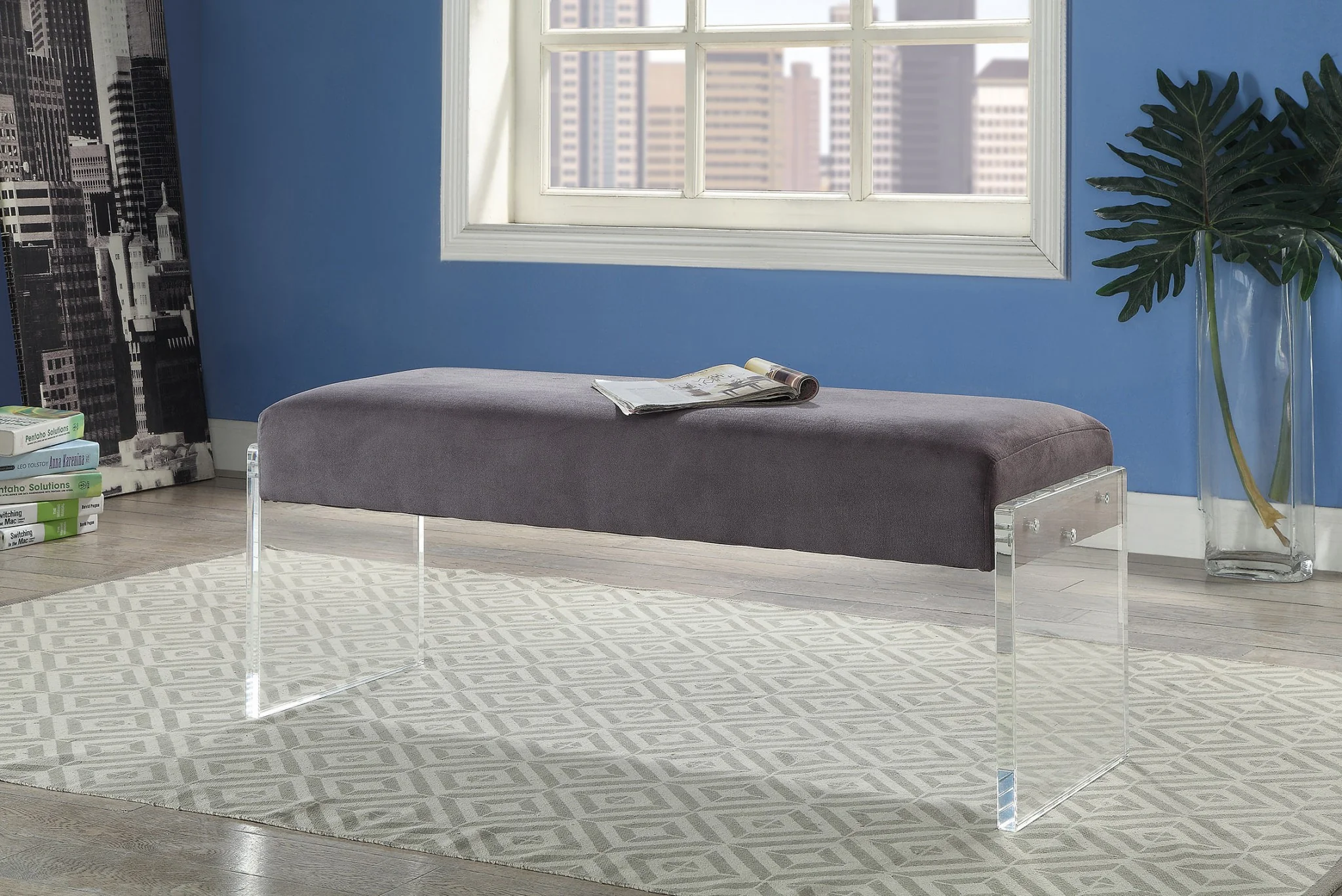 Charcoal Clear Acrylic Upholstery Bench By Homeroots - Image 2