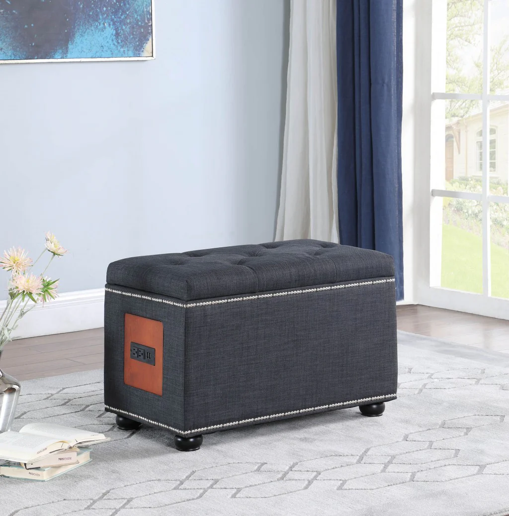 Charcoal Gray Tufted Storage Ottoman with Charging Station By Homeroots - Image 6