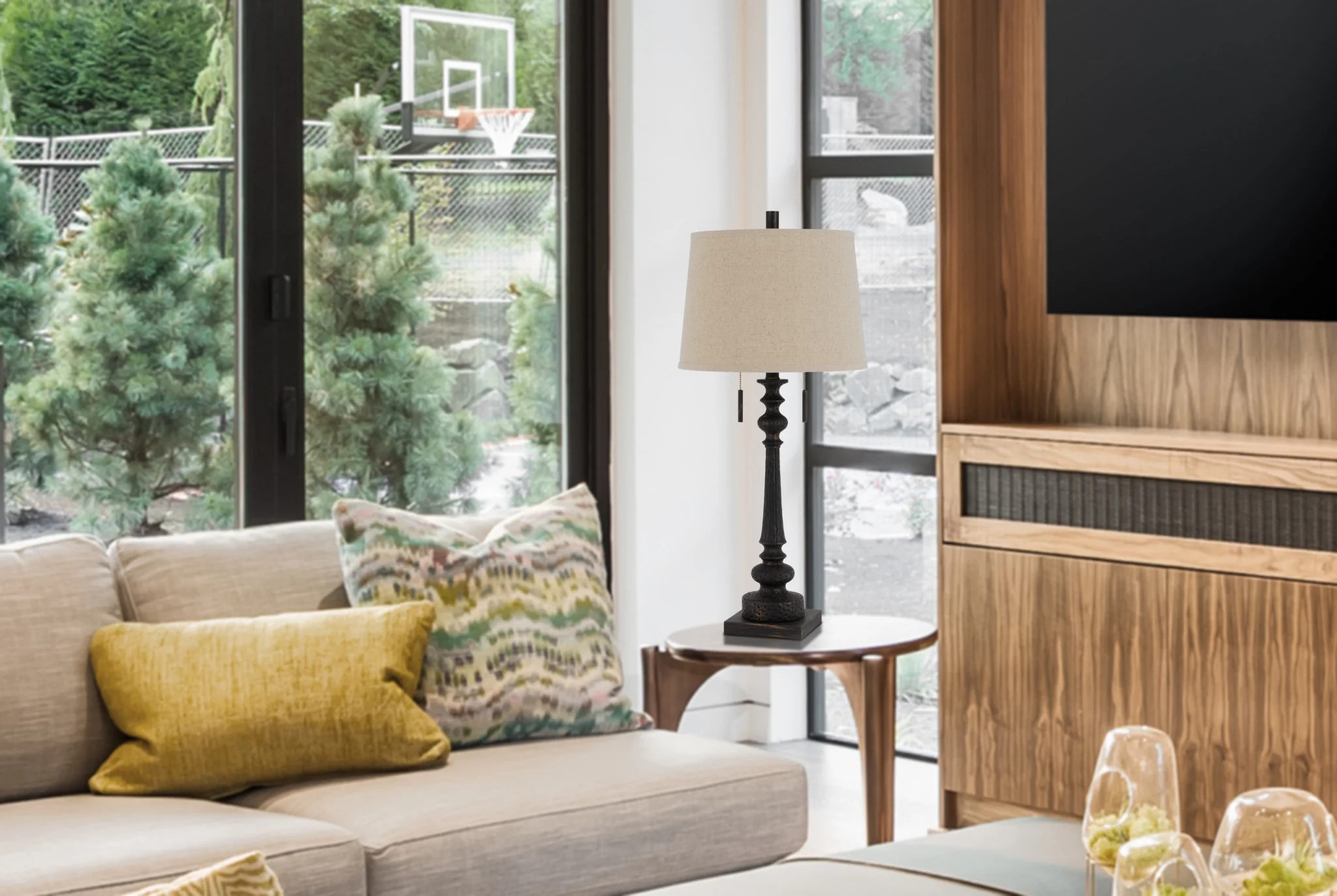 Charcoal Two Light Table Lamp With Tan Drum Shade By Homeroots - Image 3