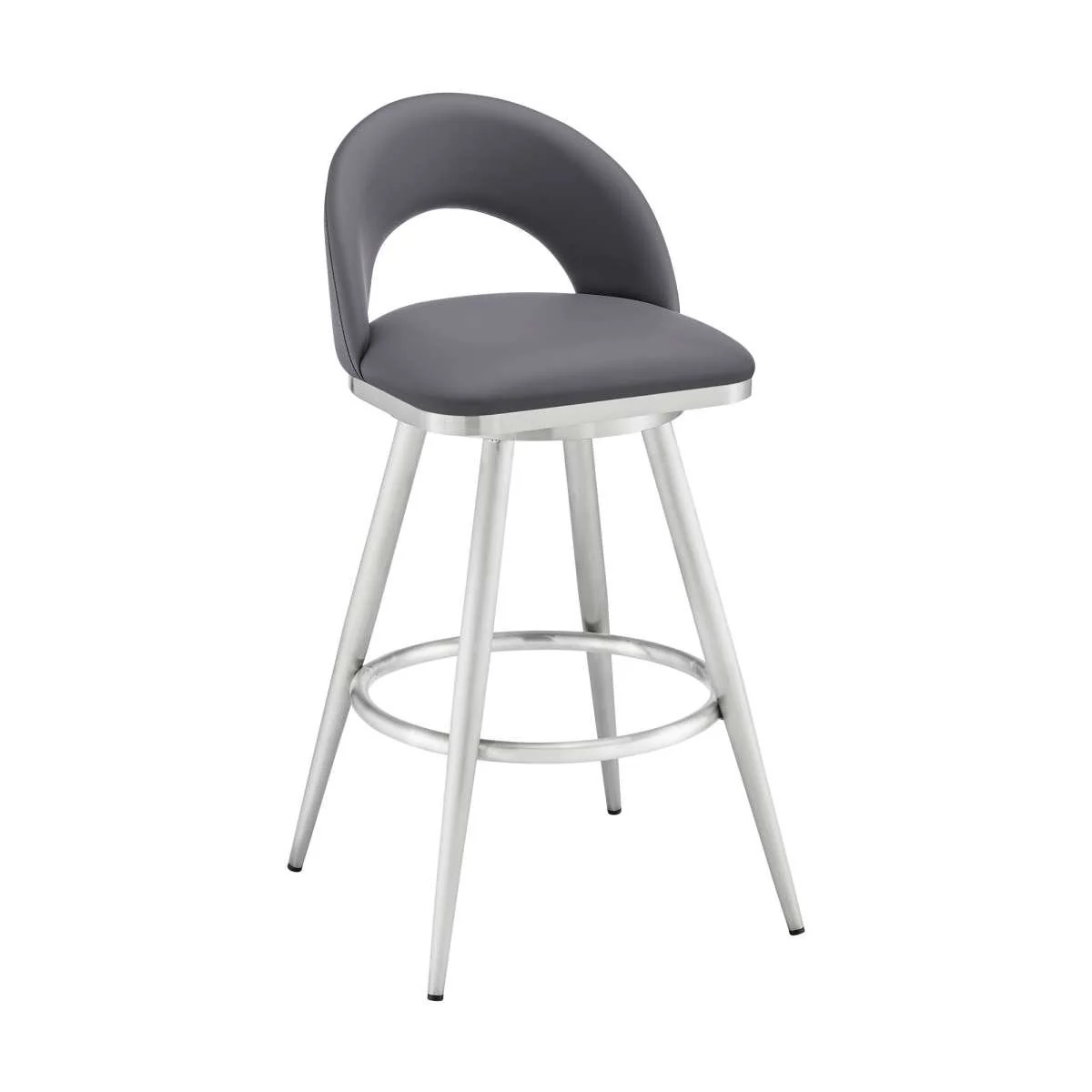 Charlotte 26" Swivel Counter Stool in Brushed Stainless Steel and Gray Faux Leather By Armen Living - Image 2