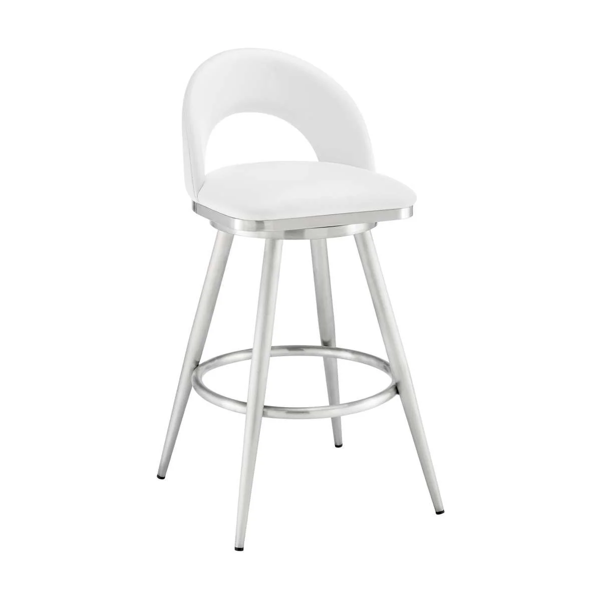 Charlotte 26" Swivel Counter Stool in Brushed Stainless Steel with White Faux Leather By Armen Living - Image 2