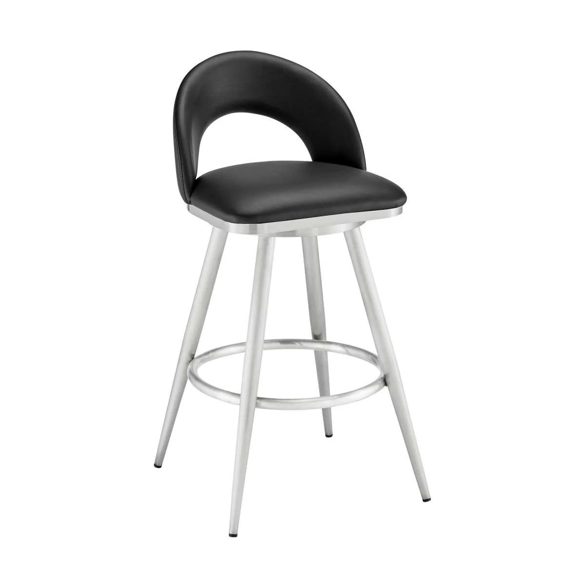 Charlotte 30" Swivel Bar Stool in Brushed Stainless Steel with Black Faux Leather By Armen Living - Image 2