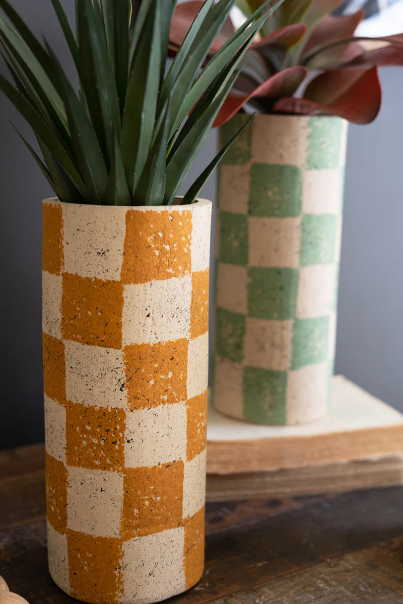 Checkered Clay Cylinder Vases Set Of 3 By Kalalou - Image 2