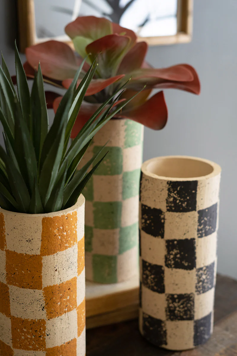 Checkered Clay Cylinder Vases Set Of 3 By Kalalou - Image 3