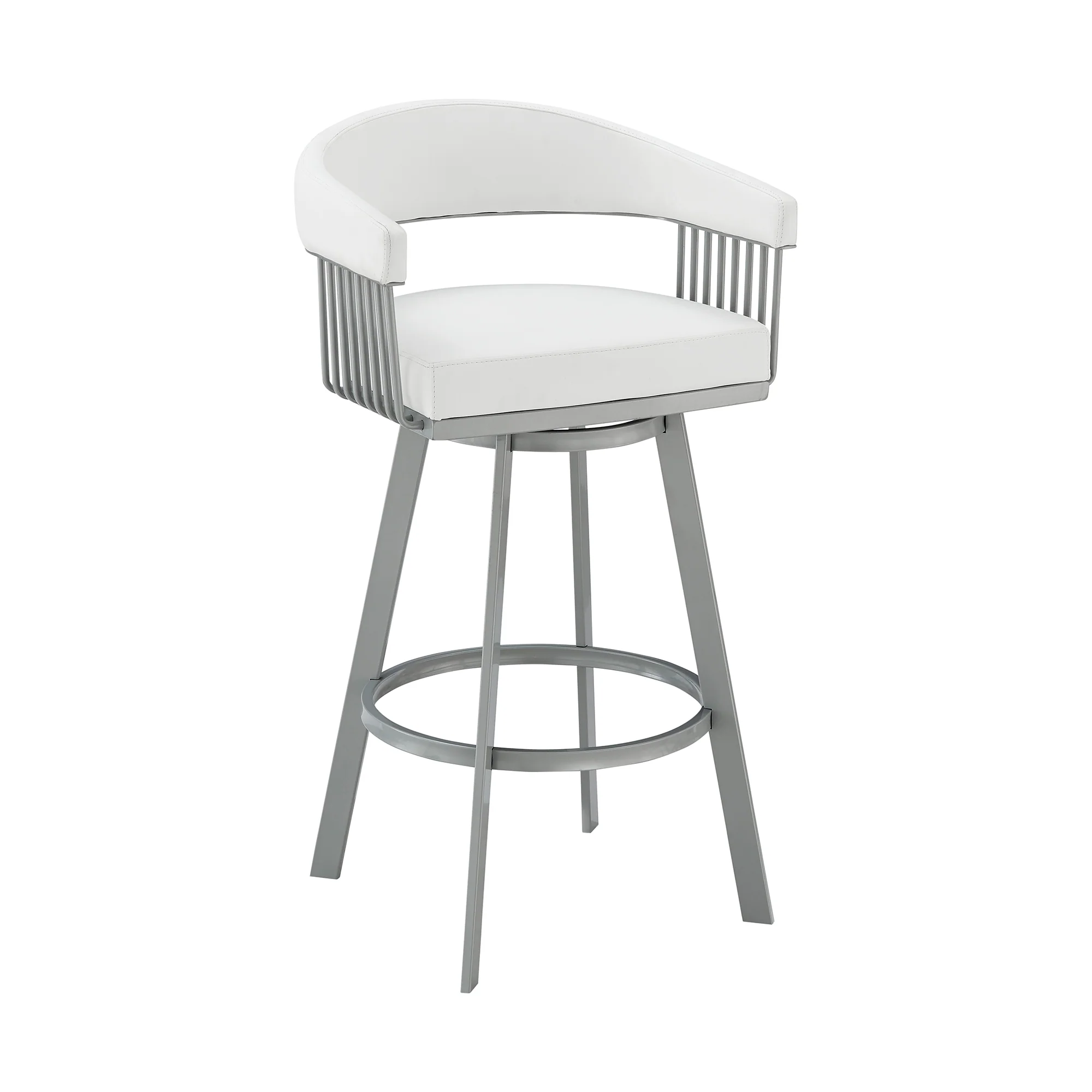 Chelsea 26" Counter Height Swivel Bar Stool in Silver Finish and White Faux Leather By Armen Living - Image 2