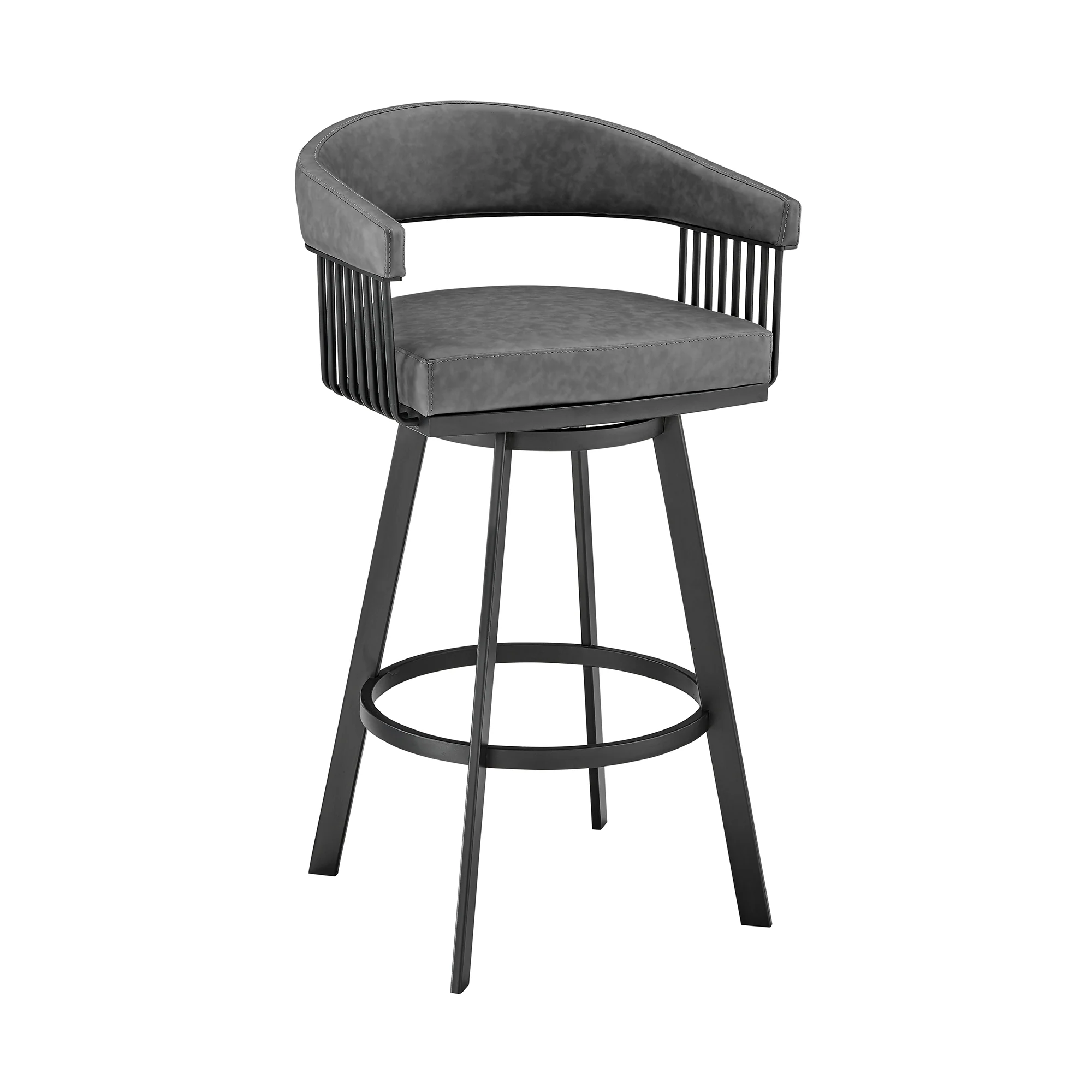 Chelsea 30" Bar Height Swivel Bar Stool in Black Finish and Gray Faux Leather By Armen Living - Image 2