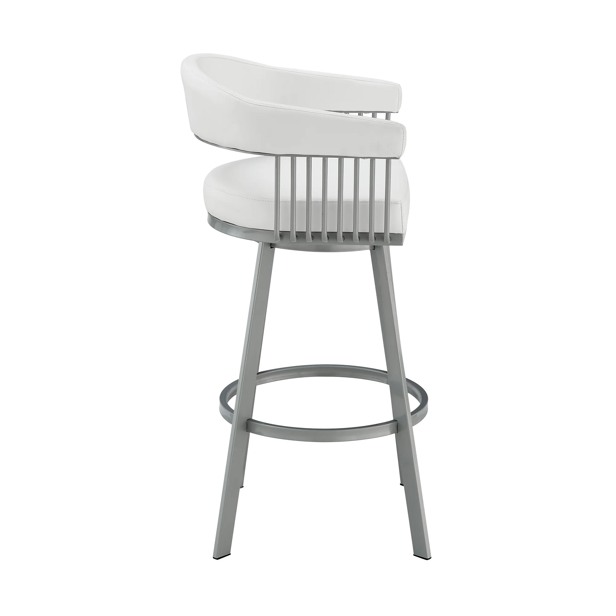 Chelsea 30" Bar Height Swivel Bar Stool in Silver finish and White Faux Leather By Armen Living - Image 4