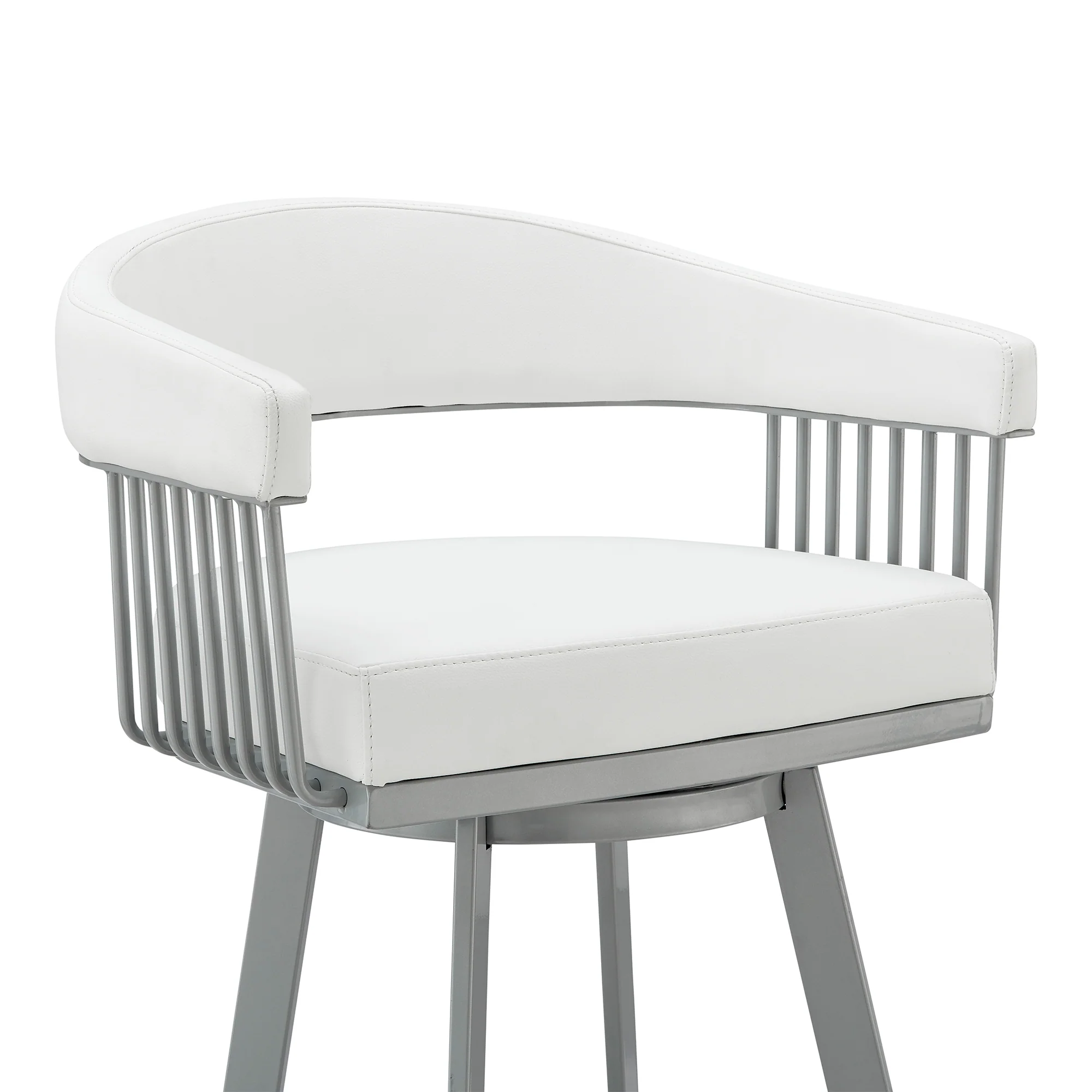 Chelsea 30" Bar Height Swivel Bar Stool in Silver finish and White Faux Leather By Armen Living - Image 7