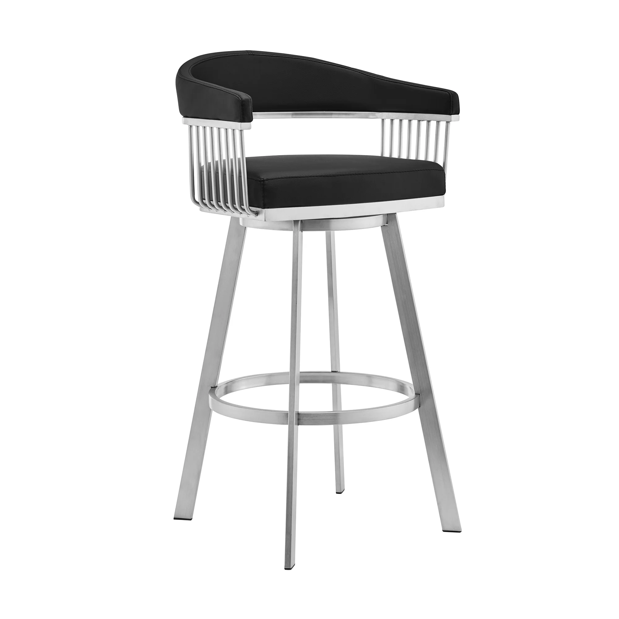 Chelsea 30" Black Faux Leather and Brushed Stainless Steel Swivel Bar Stool By Armen Living - Image 2