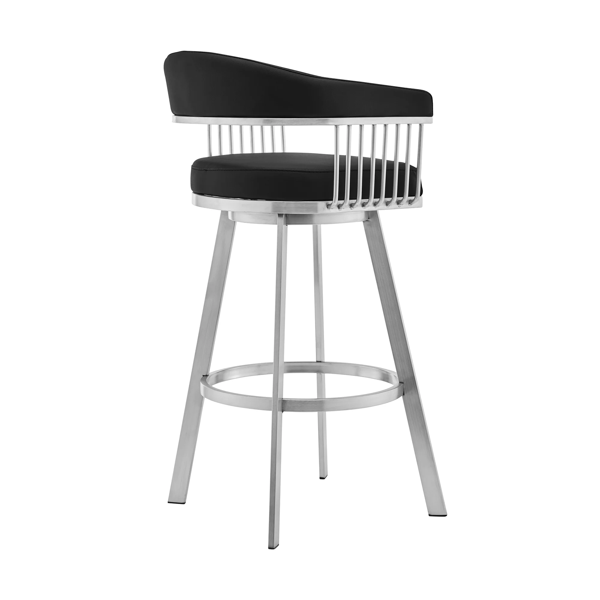Chelsea 30" Black Faux Leather and Brushed Stainless Steel Swivel Bar Stool By Armen Living - Image 4