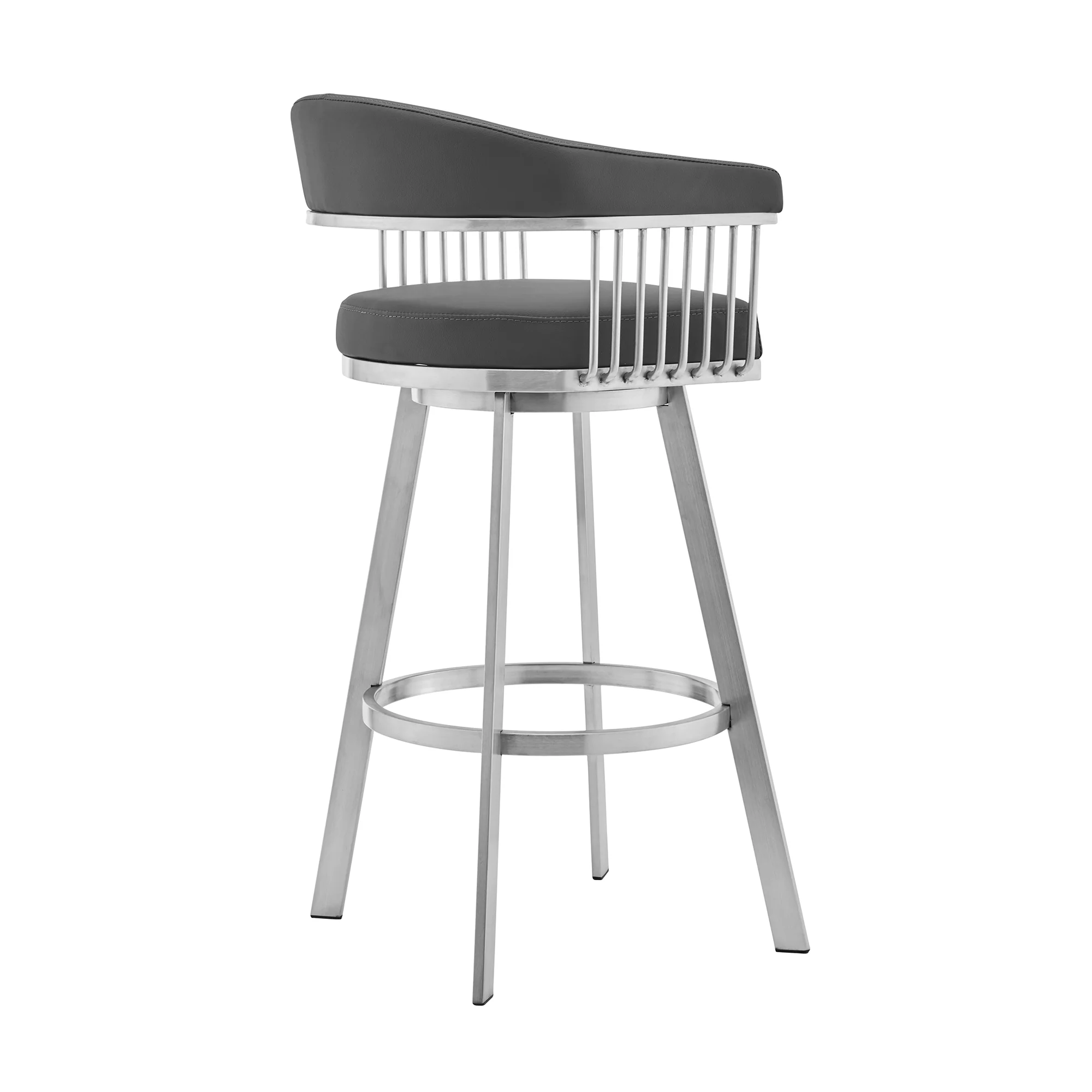 Chelsea 30" Gray Faux Leather and Brushed Stainless Steel Swivel Bar Stool By Armen Living - Image 4