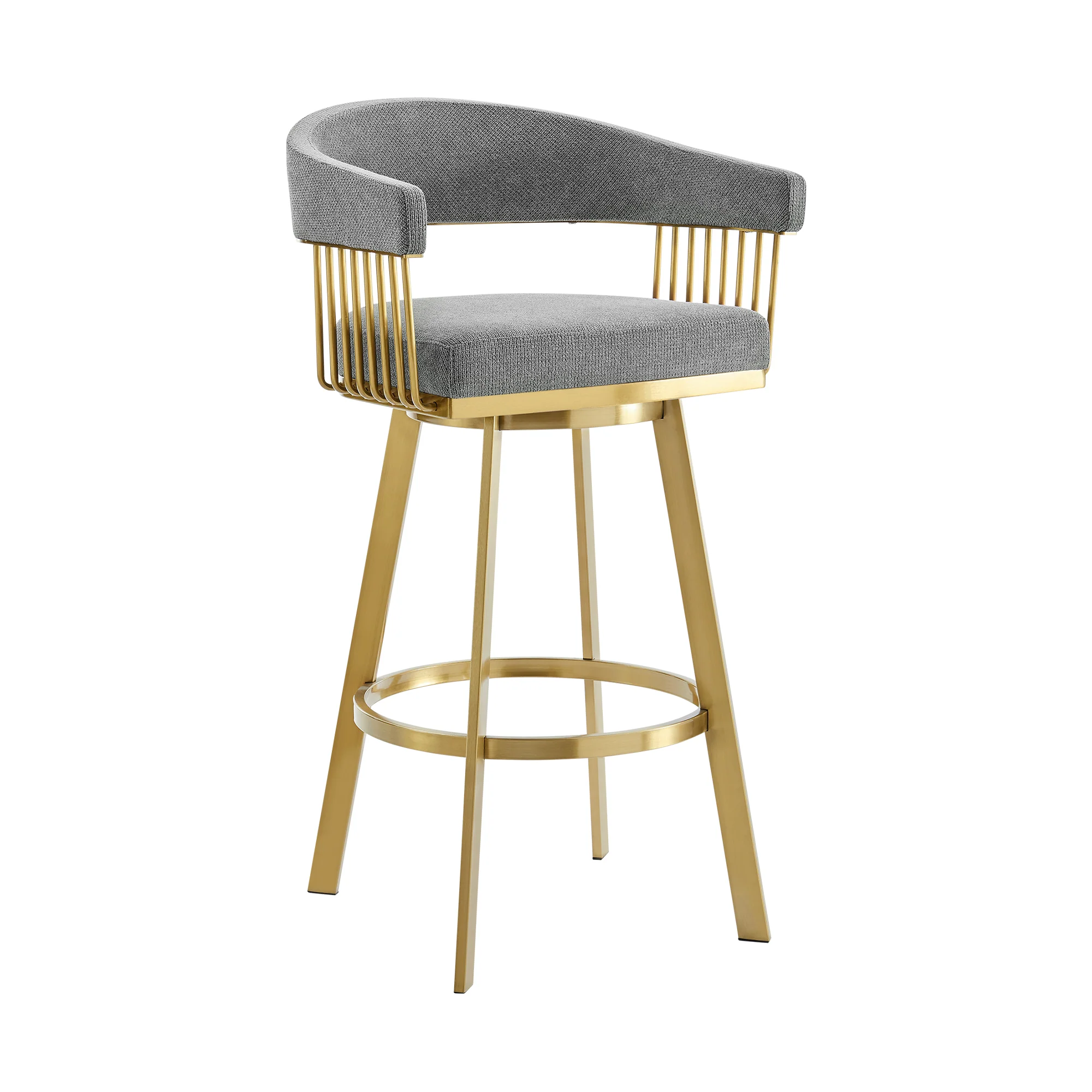 Chelsea 30" Swivel Bar Stool with Gold Brushed Stainless Steel and Anchor Gray Fabric By Armen Living - Image 2