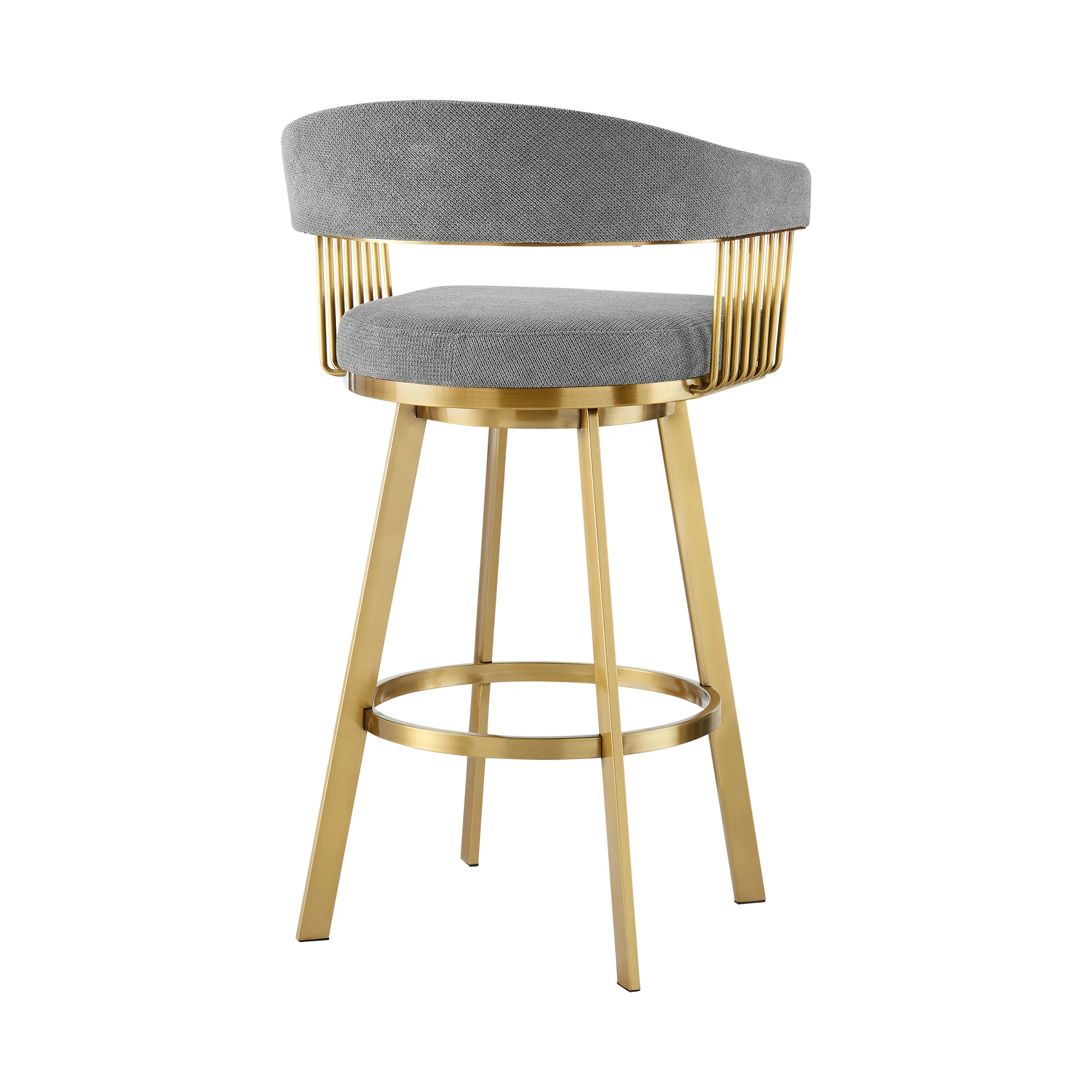 Chelsea 30" Swivel Bar Stool with Gold Brushed Stainless Steel and Anchor Gray Fabric By Armen Living - Image 4