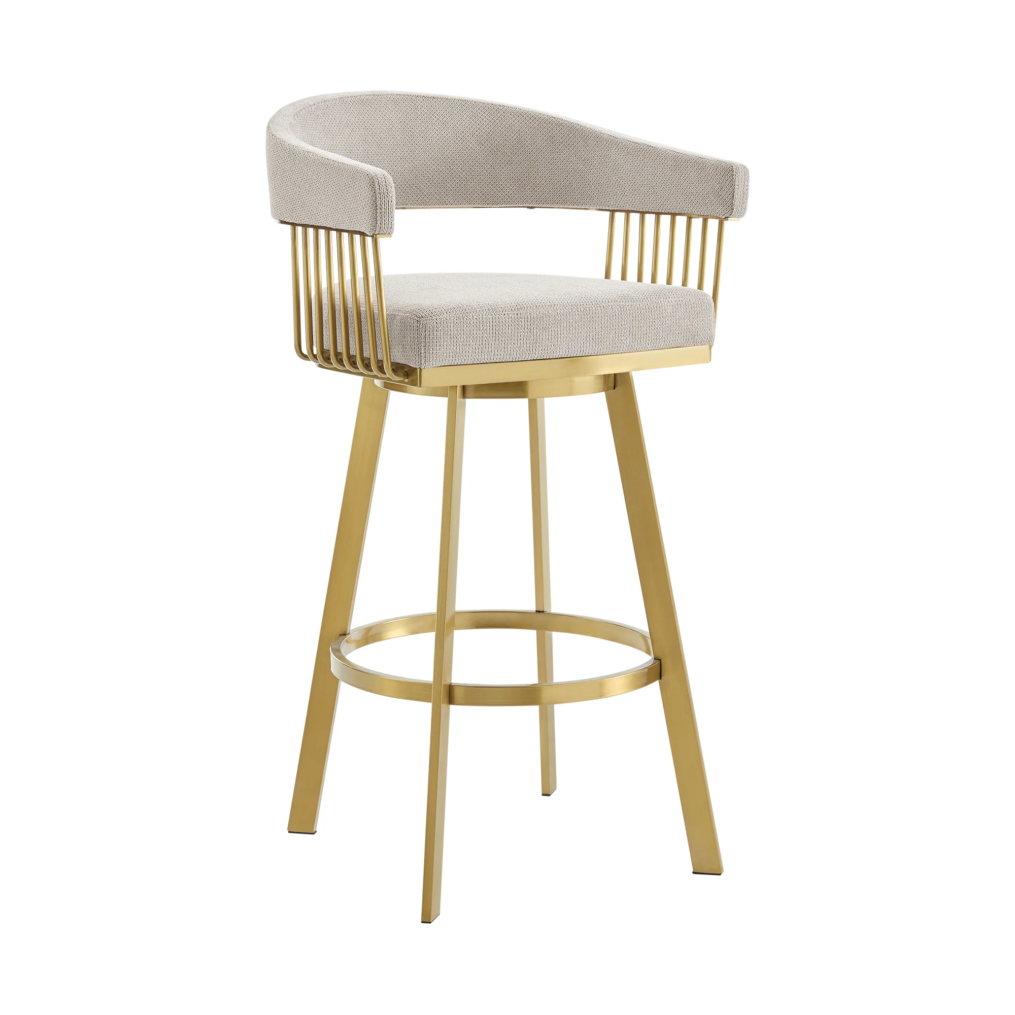 Chelsea 30" Swivel Bar Stool with Gold Brushed Stainless Steel and Taupe Fabric By Armen Living - Image 2