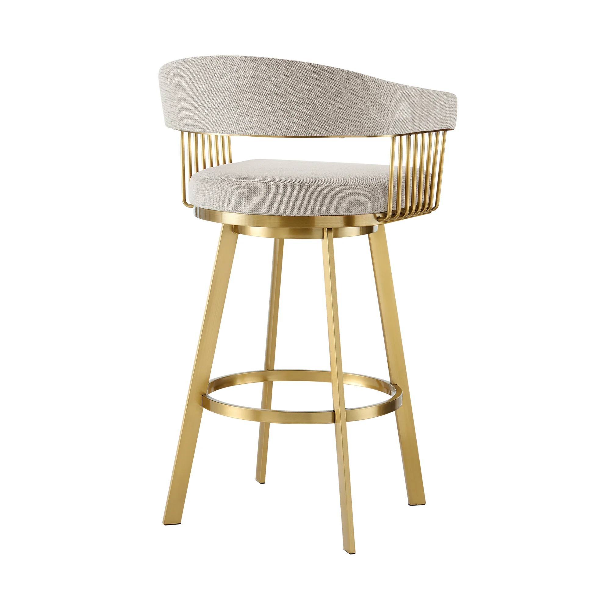 Chelsea 30" Swivel Bar Stool with Gold Brushed Stainless Steel and Taupe Fabric By Armen Living - Image 4