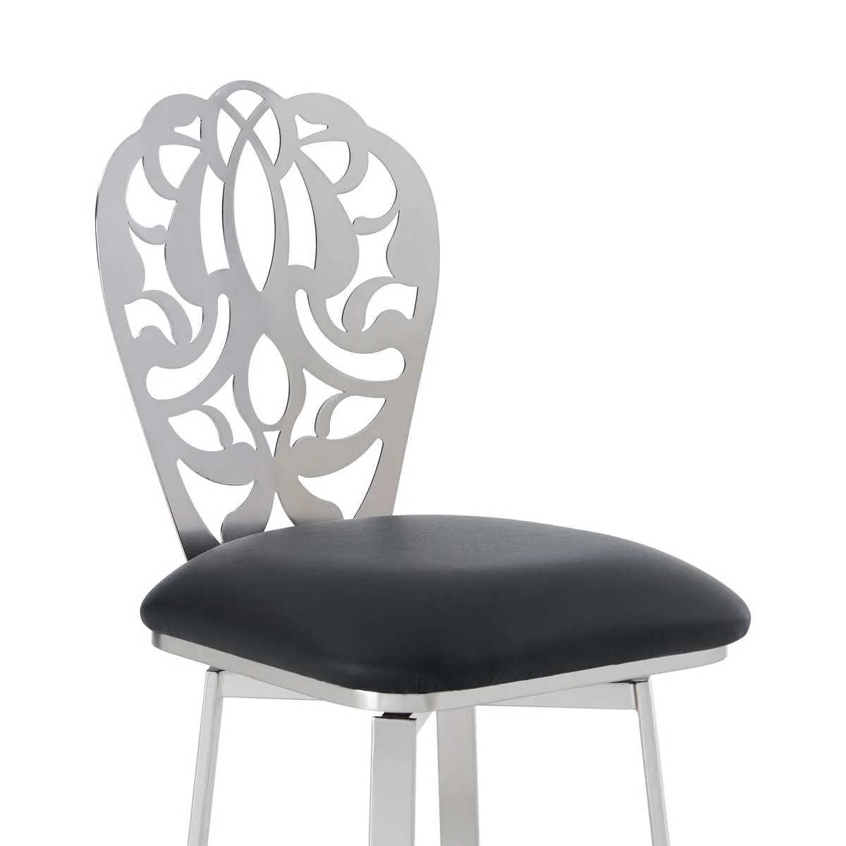 Cherie Contemporary 26" Counter Height Barstool in Brushed Stainless Steel Finish and Black Faux Leather By Armen Living - Image 2